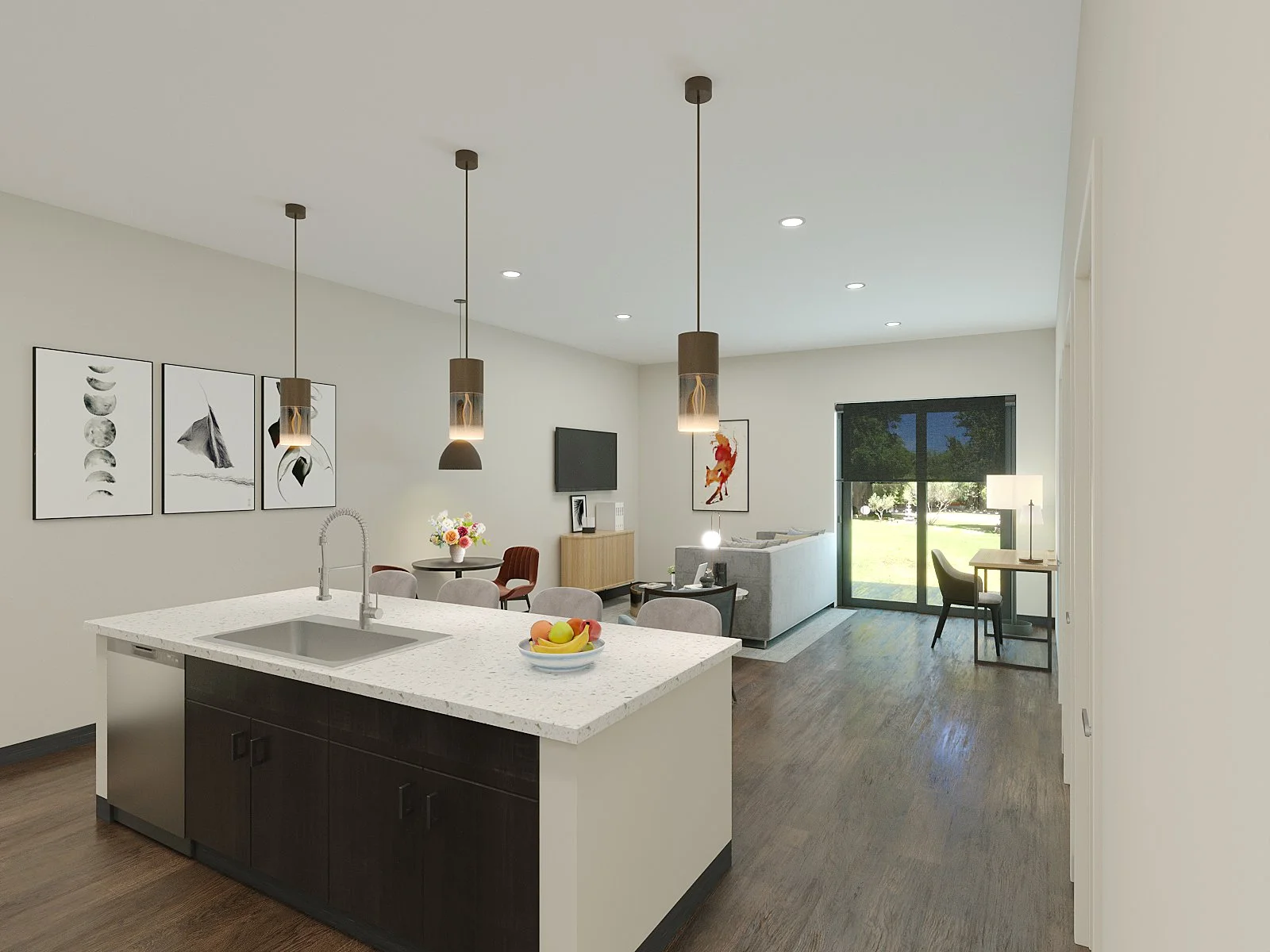 Open-concept living area with kitchen and dining space, featuring pendant lighting, artwork, a dining table with chairs, a sofa, and a view of the backyard through large sliding glass doors.