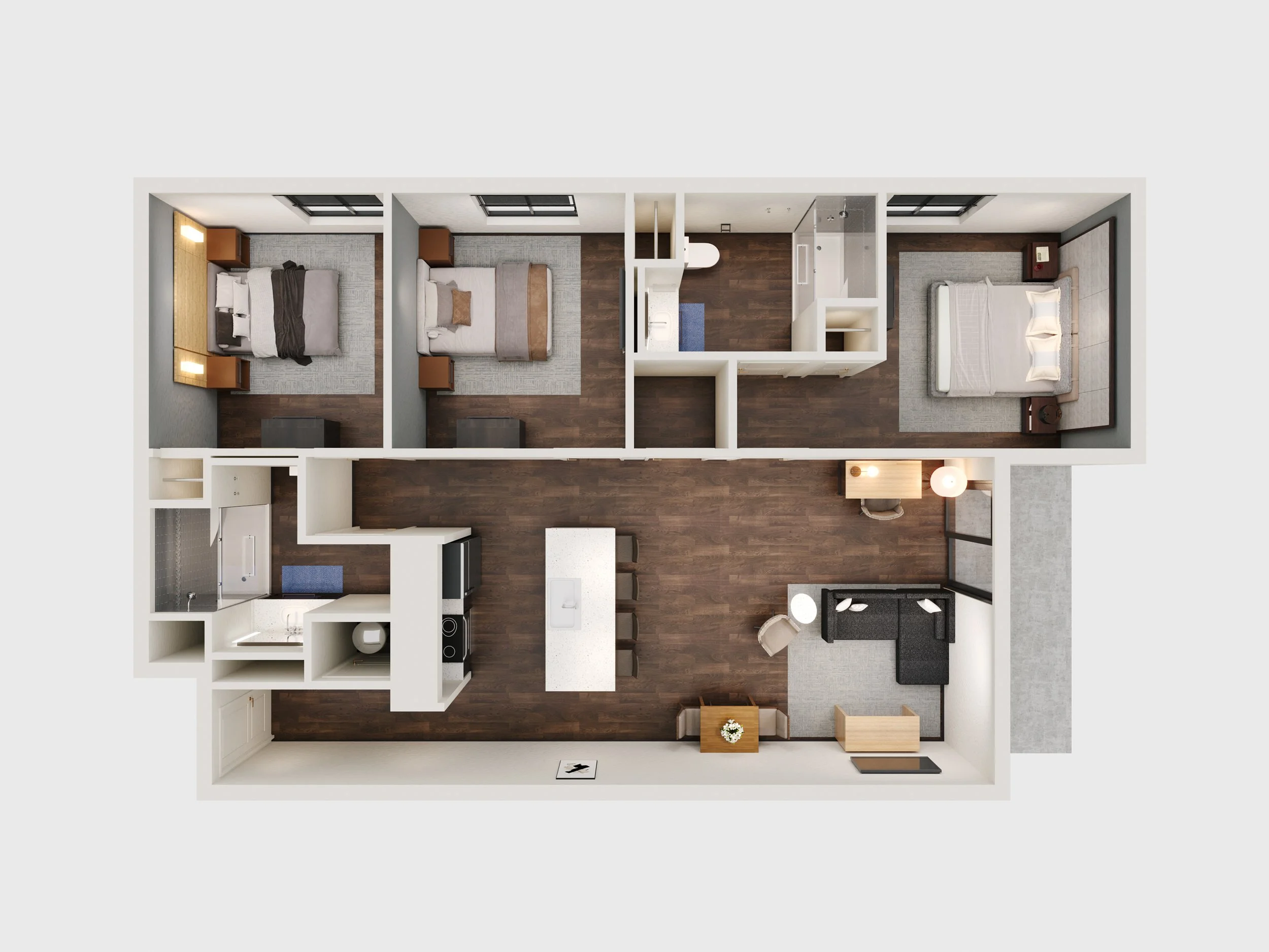 Top-down view of a modern apartment layout with three bedrooms, a bathroom, kitchen, living room, and dining area.