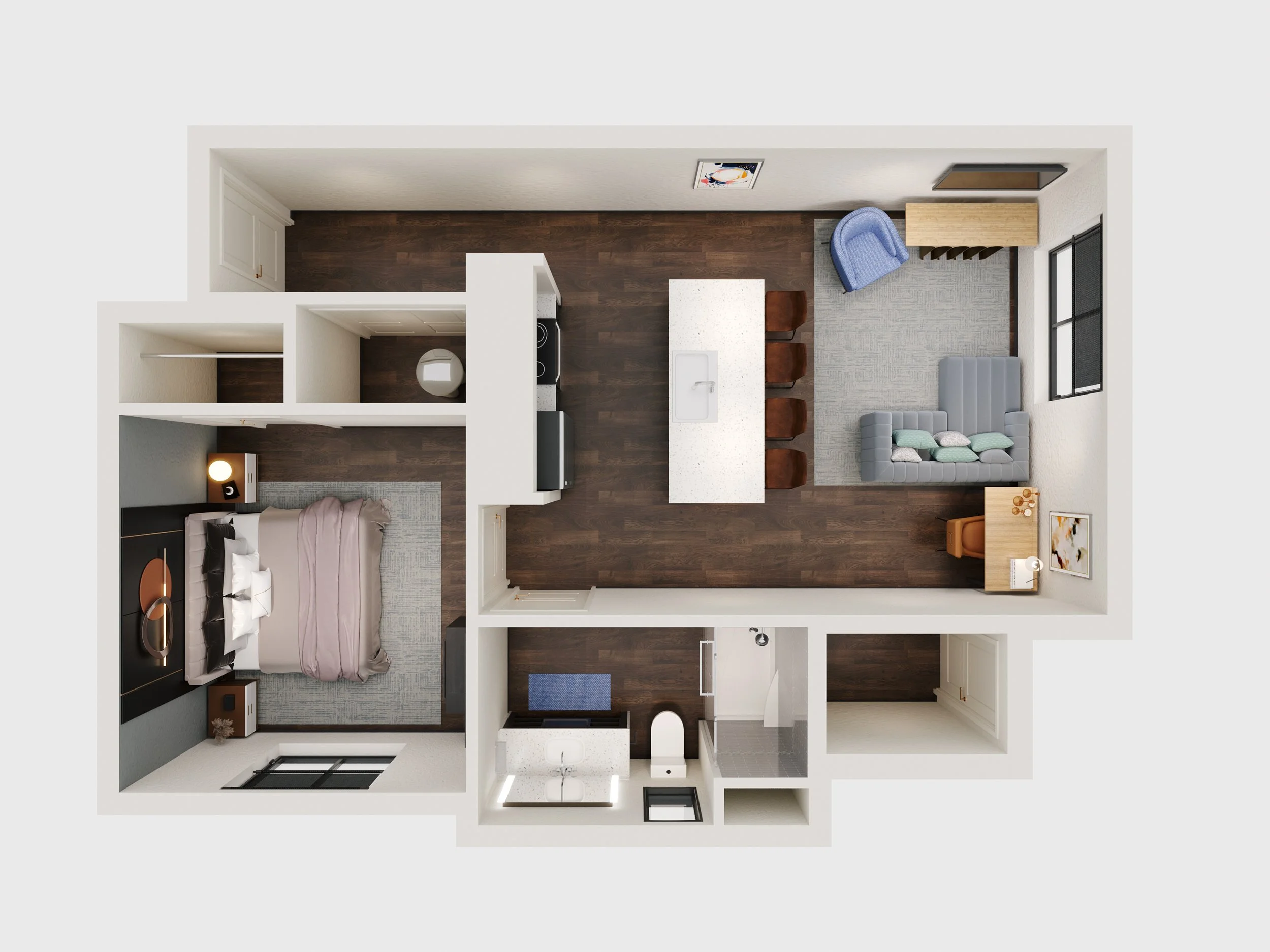 Top-down view of a modern apartment layout showing a bedroom, bathroom, kitchen, and living room area.