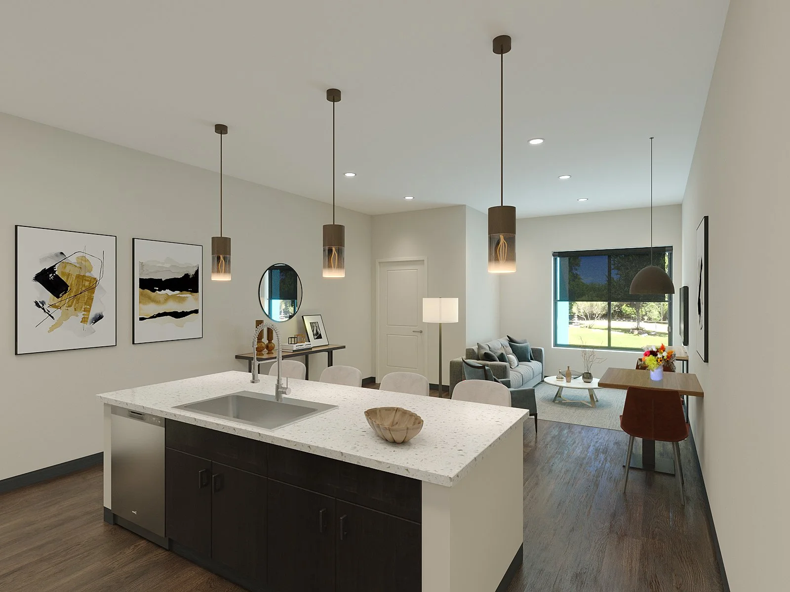 Open-concept living room and kitchen with modern decor, pendant lights over island, artwork on wall, and large window overlooking outdoors.