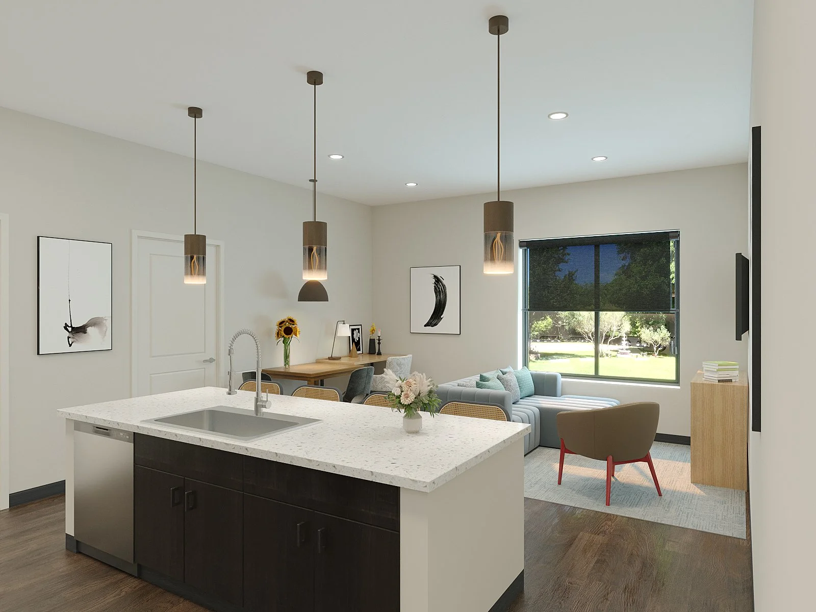 Open-concept living area with kitchen island, modern pendant lights, dining table, and seating area near a window showing a green outdoor space.
