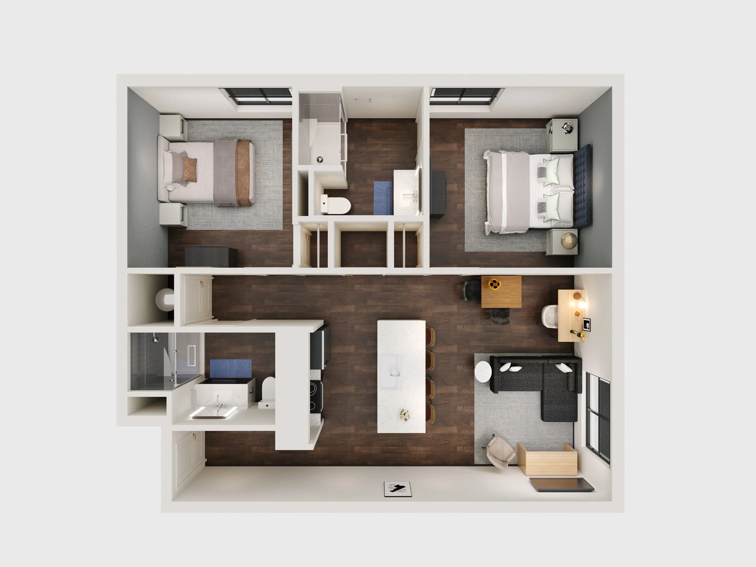 Top-down view of a modern apartment layout with two bedrooms, a bathroom, a kitchen with an island, a dining area, and a living room.