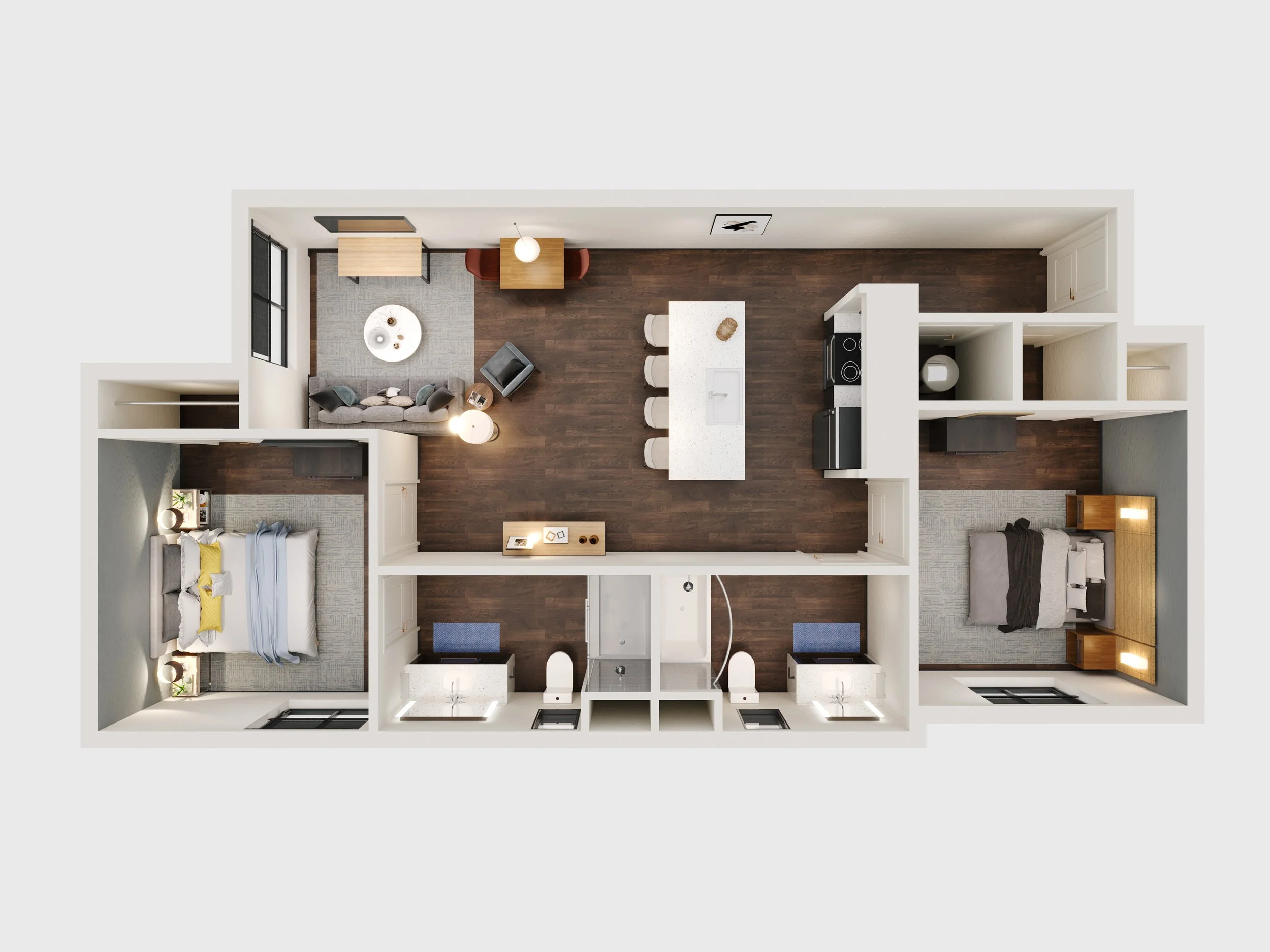 Top-down view of a modern apartment with a kitchen, living room, and bedrooms on either side.