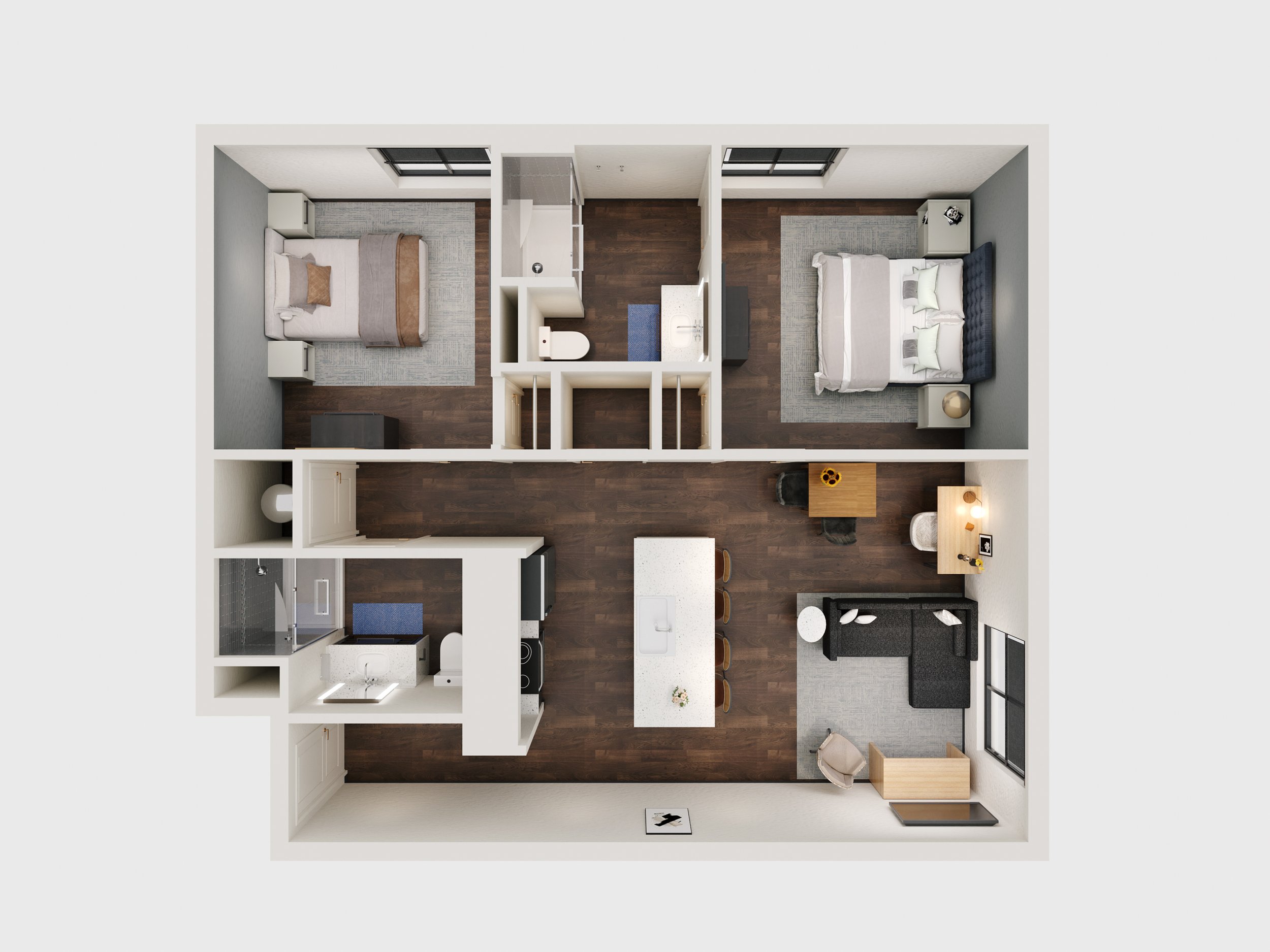 Overhead view of a modern apartment layout featuring two bedrooms, a shared bathroom, an open kitchen with an island, a living room, and a small dining area.