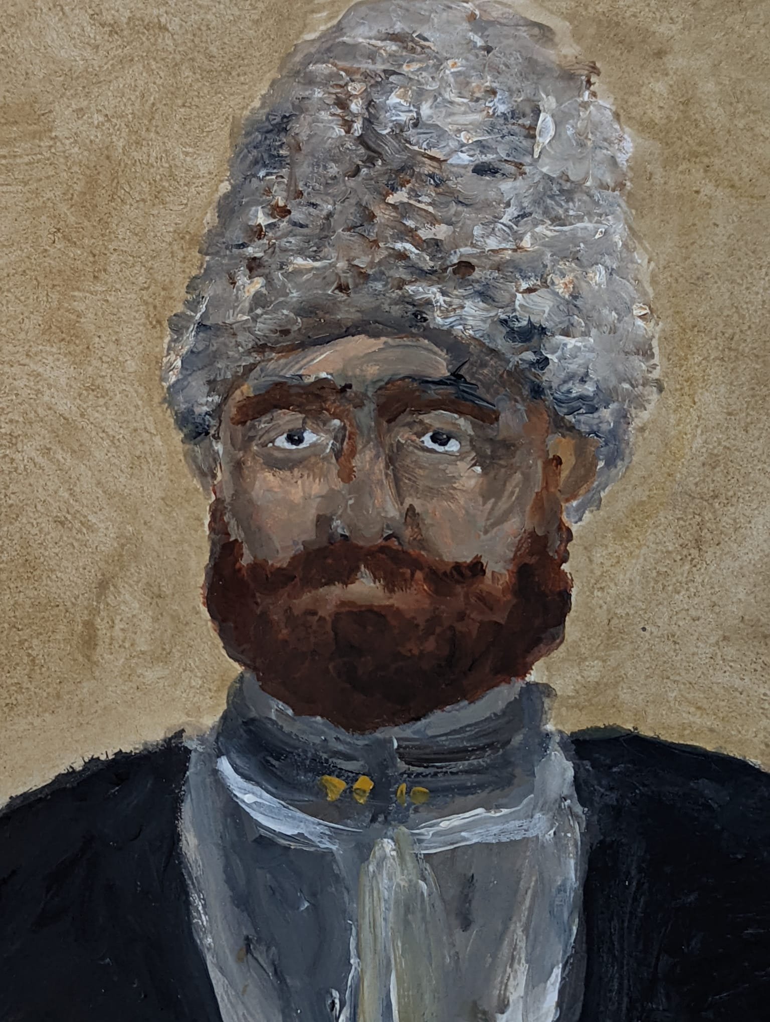 This painting is a representation of a photograph taken by Augustus F. Sherman, a photographer at Ellis Island, depicting a Cossack immigrant from the Russian Steppes.