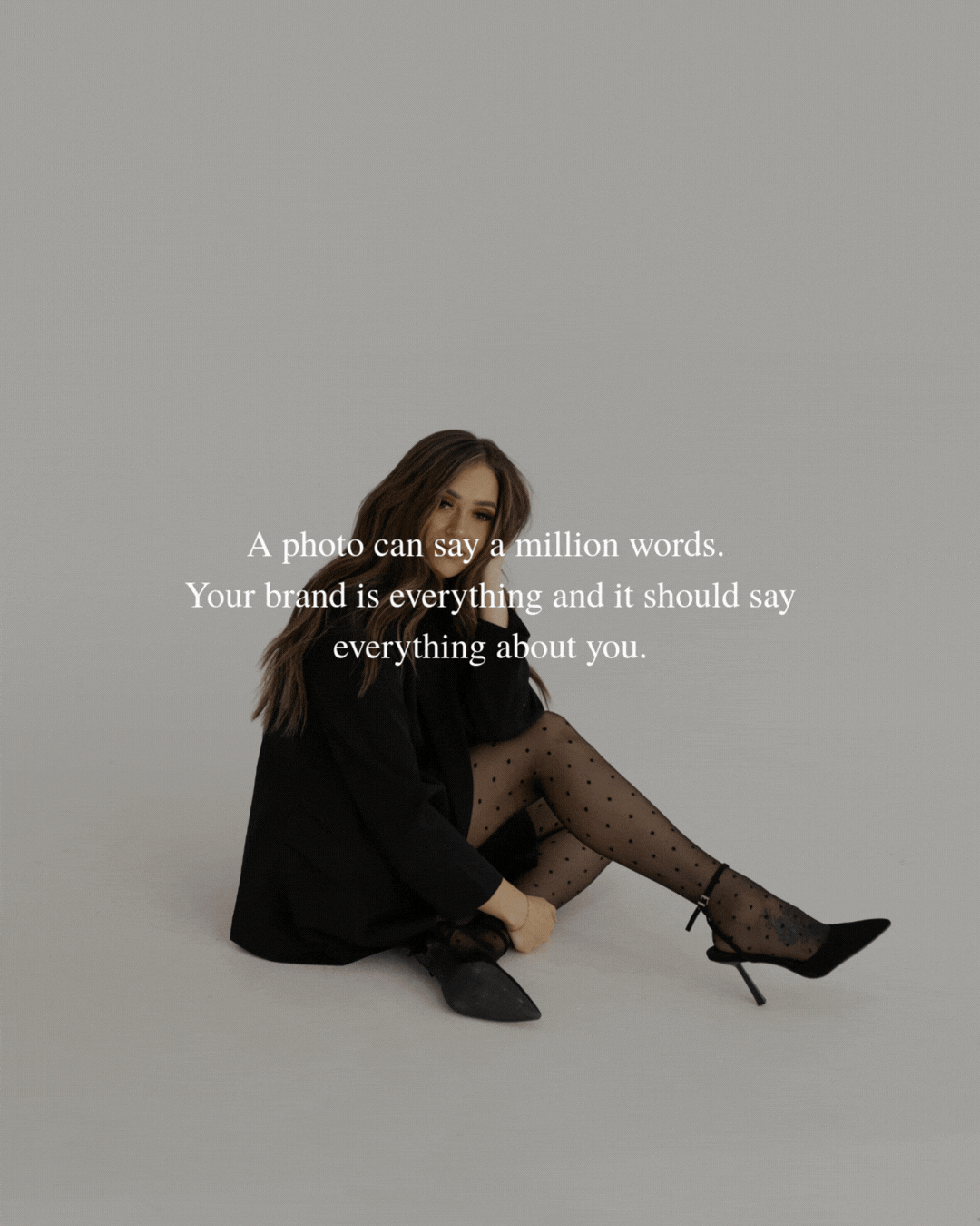 Woman sitting on the floor wearing black shoes, sheer polka-dot tights, and a black outfit, with text overlay about branding and photography.