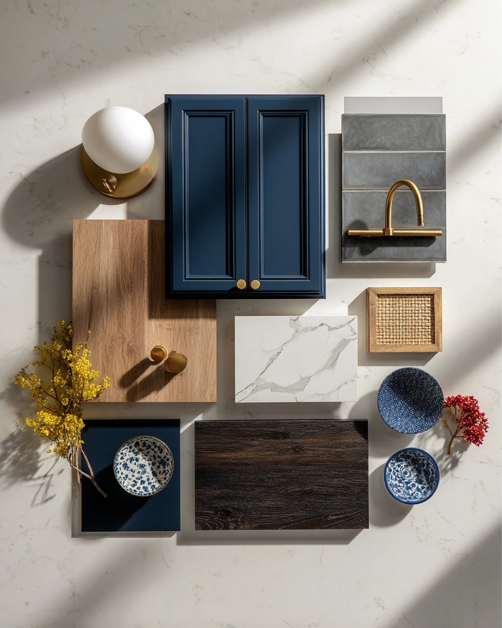 From the moodboard to the finished kitchen.

The deep blue cabinetry, warm wood tones, brass fixtures, gray tile, quartz countertops, and woven texture all work together because they were chosen as a system &mdash; not one piece at a time.

That&rsqu