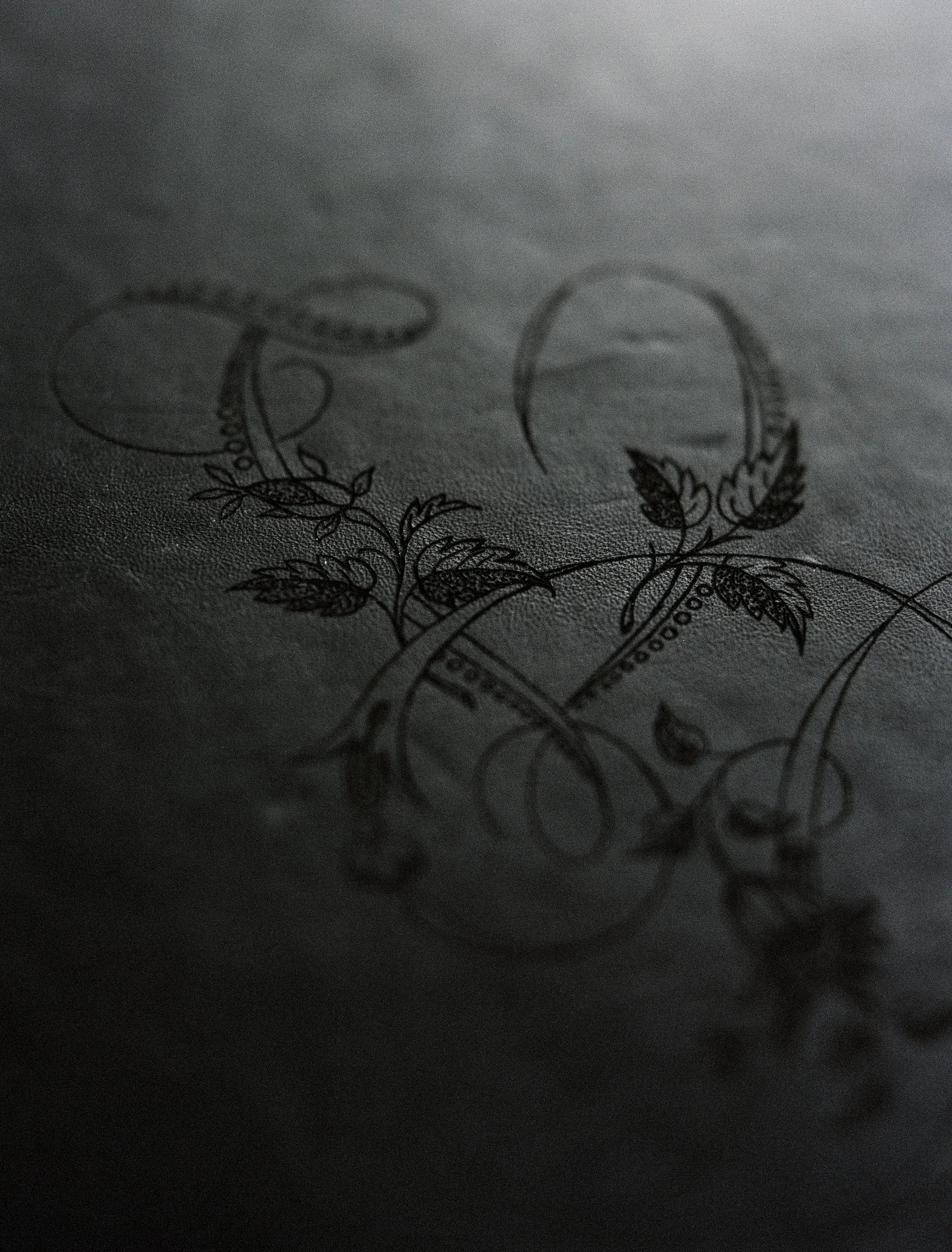 Close-up of a decorative engraved or printed design featuring floral and leaf motifs on dark textured paper or material.