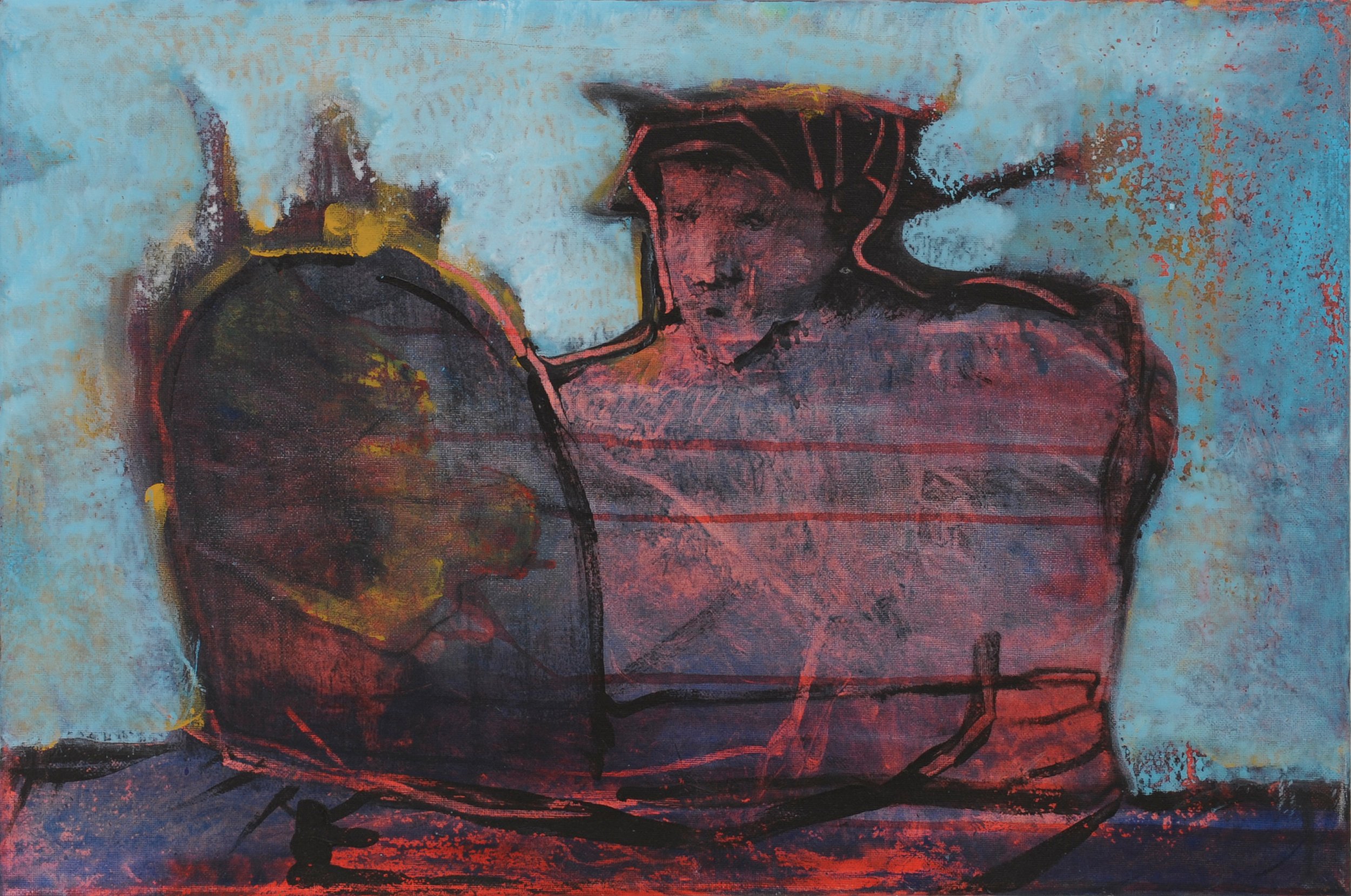 Even Augustus is checking his email, 50 x 40cm, acrylic, oil, marker, and charcoal on Canvas