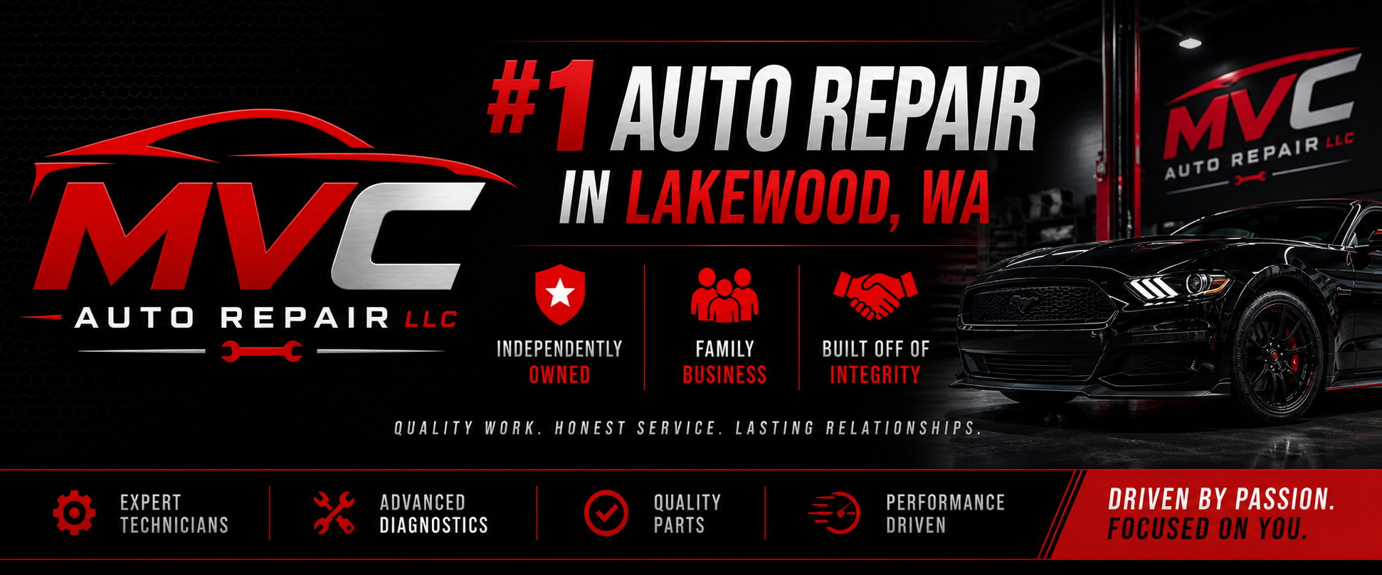 Advertisement for MVC Auto Repair LLC in Lakewood, WA, highlighting being the number one auto repair shop. The ad features a black sports car and emphasizes independent ownership, family business, integrity, quality work, honest service, and lasting relationships. Services include expert technicians, advanced diagnostics, quality parts, and performance-driven repairs, with a slogan driven by passion and focused on customer needs.