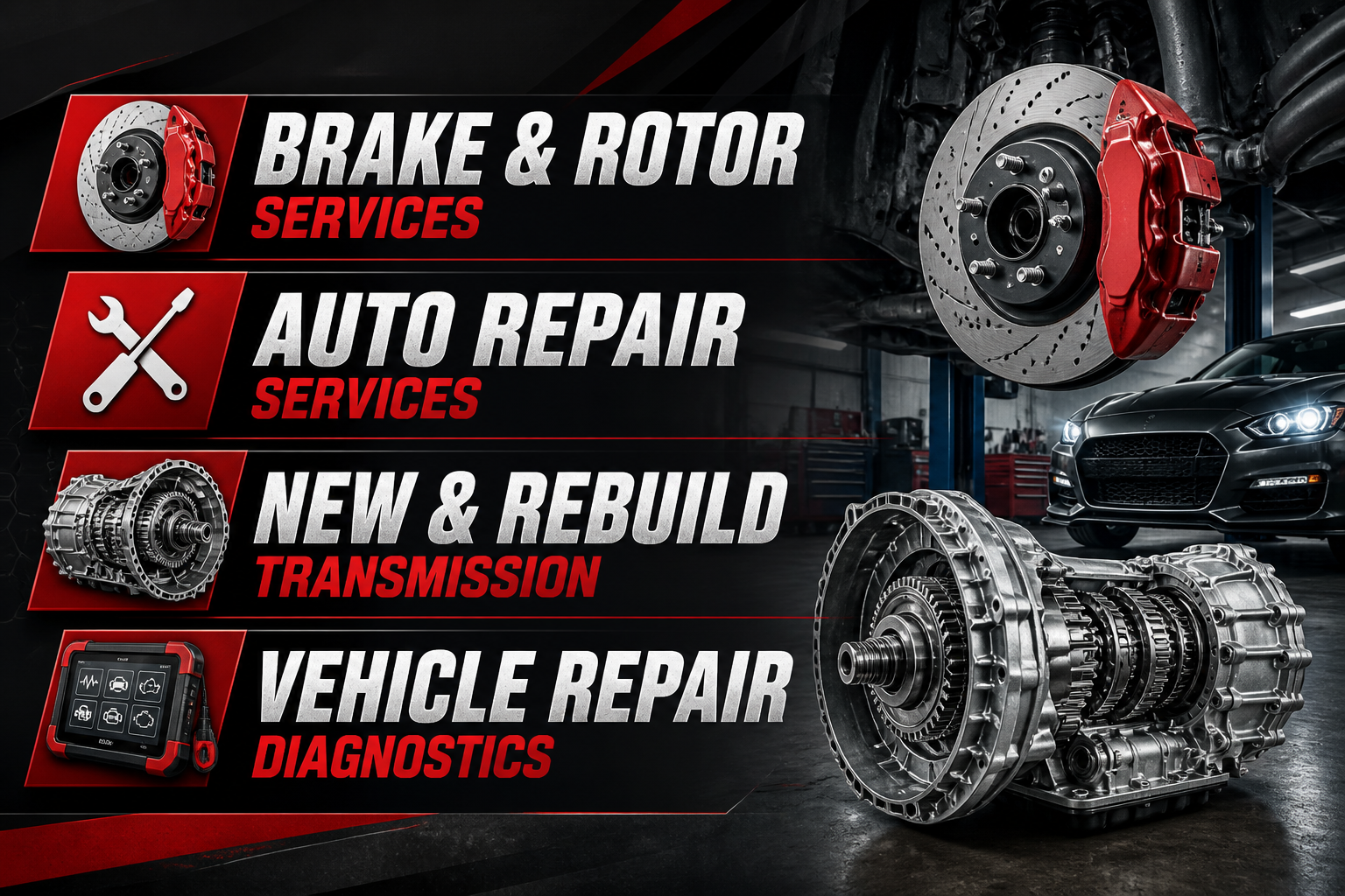 An advertisement for automotive services showing brake and rotor services, auto repair services, transmission rebuilds, and vehicle diagnostics, with images of car parts, tools, and a black car in a garage.