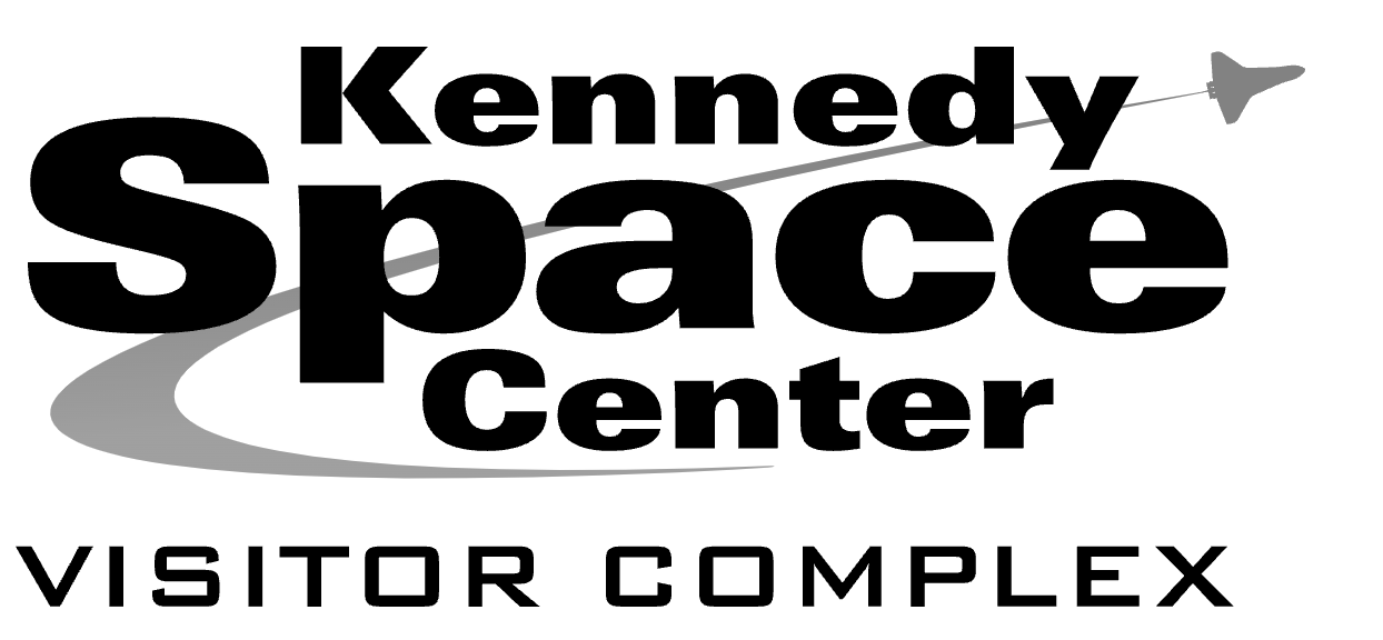 Logo for Kennedy Space Center Visitor Complex with a stylized arrow orbiting around the words "Kennedy Space Center" in bold, black letters, and "Visitor Complex" in capital letters underneath.
