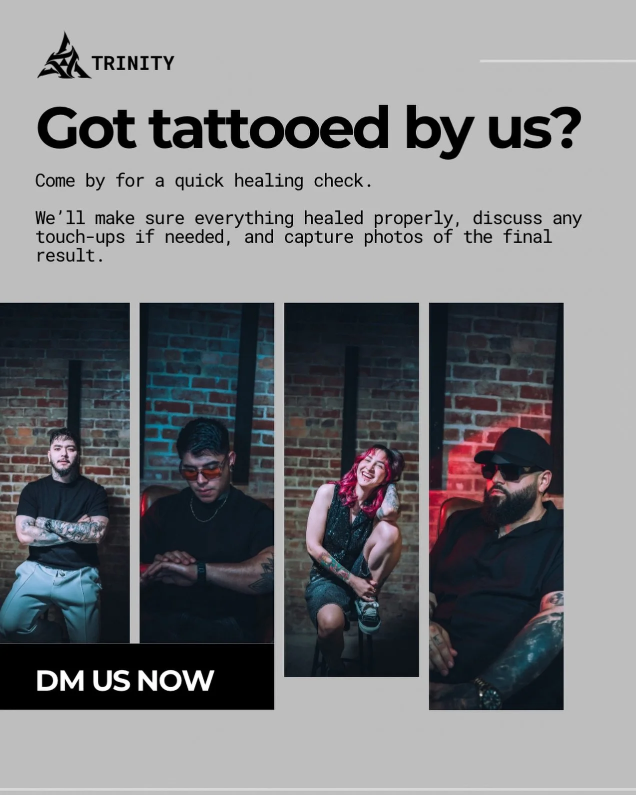 Your tattoo journey doesn&rsquo;t end when you leave the studio.

Come by for a quick healing check so we can see the final result, answer any questions, make sure everything healed just the way it should and take some pictures and videos.

DM us to 