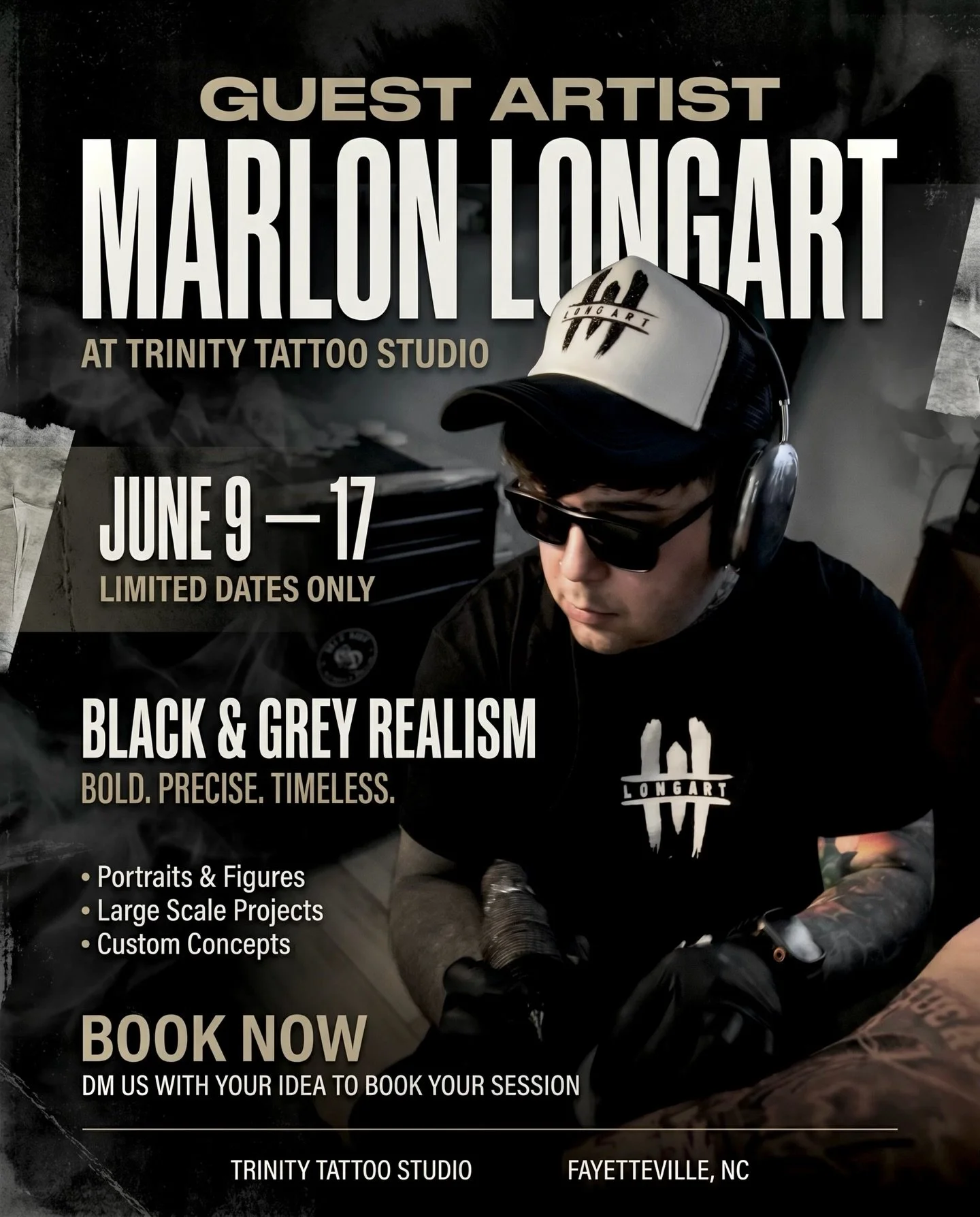 Looking for your next tattoo?

Guest artist Marlon Longart is coming to Trinity Tattoo Studio for a limited engagement.

From portraits to large-scale black &amp; grey realism, Marlon&rsquo;s work is known for its depth, detail, and timeless appeal.
