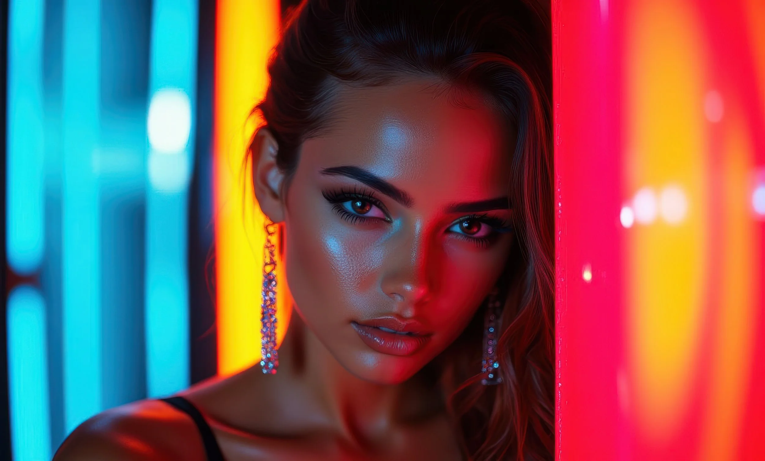 Close-up of a woman with shiny makeup and long earrings, leaning against a neon-lit wall at night.