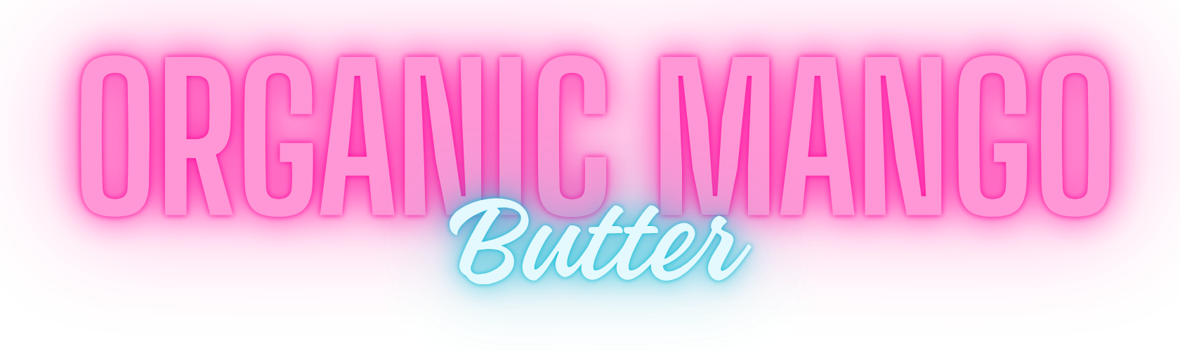 Bright pink background with the text 'Organic Mango' in large pink letters and 'Butter' in cursive white script layered over a blue glow.