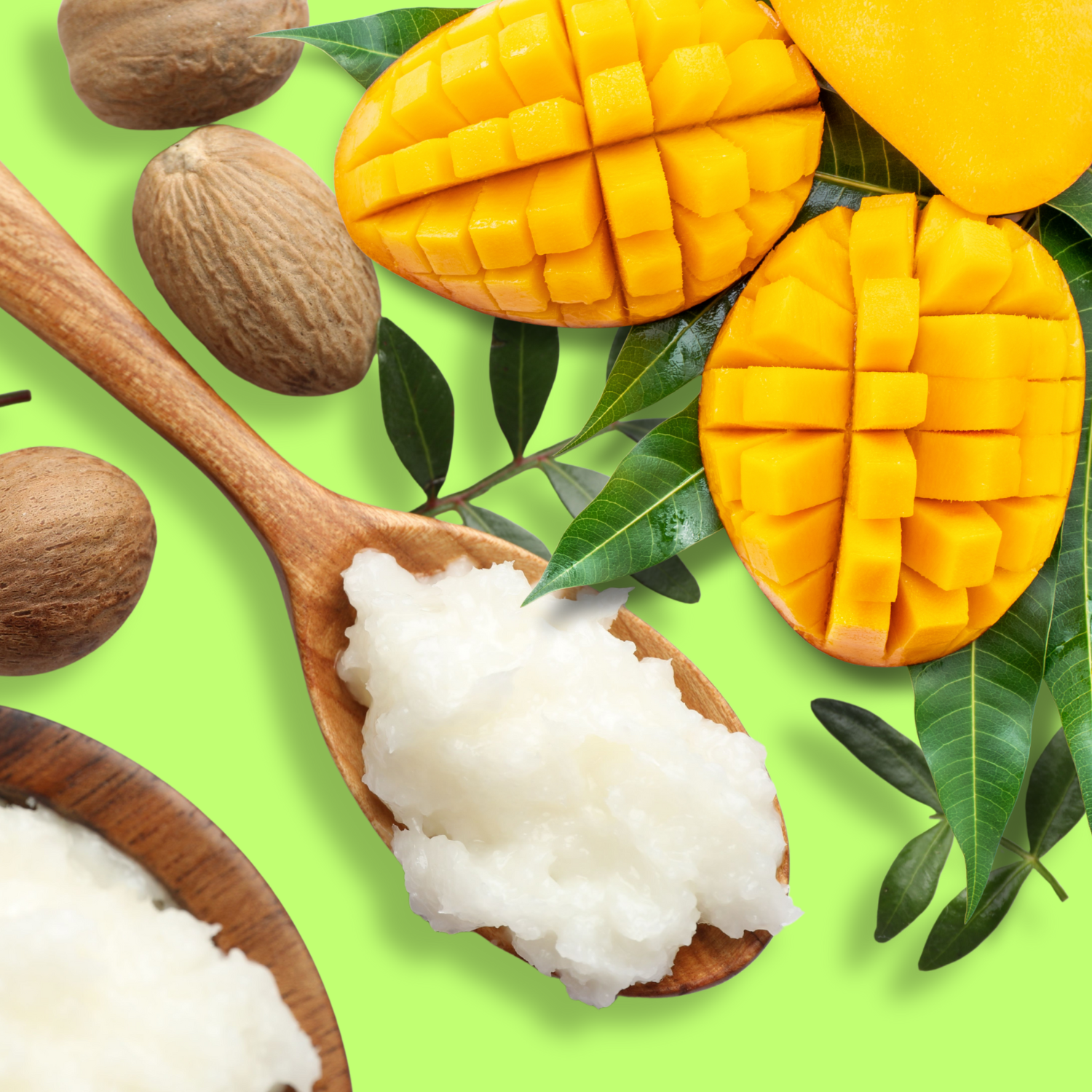 Halved and cubed ripe mangoes, whole nuts, a wooden spoon with coconut oil, green leaves, and a bowl of coconut oil on a bright green background.
