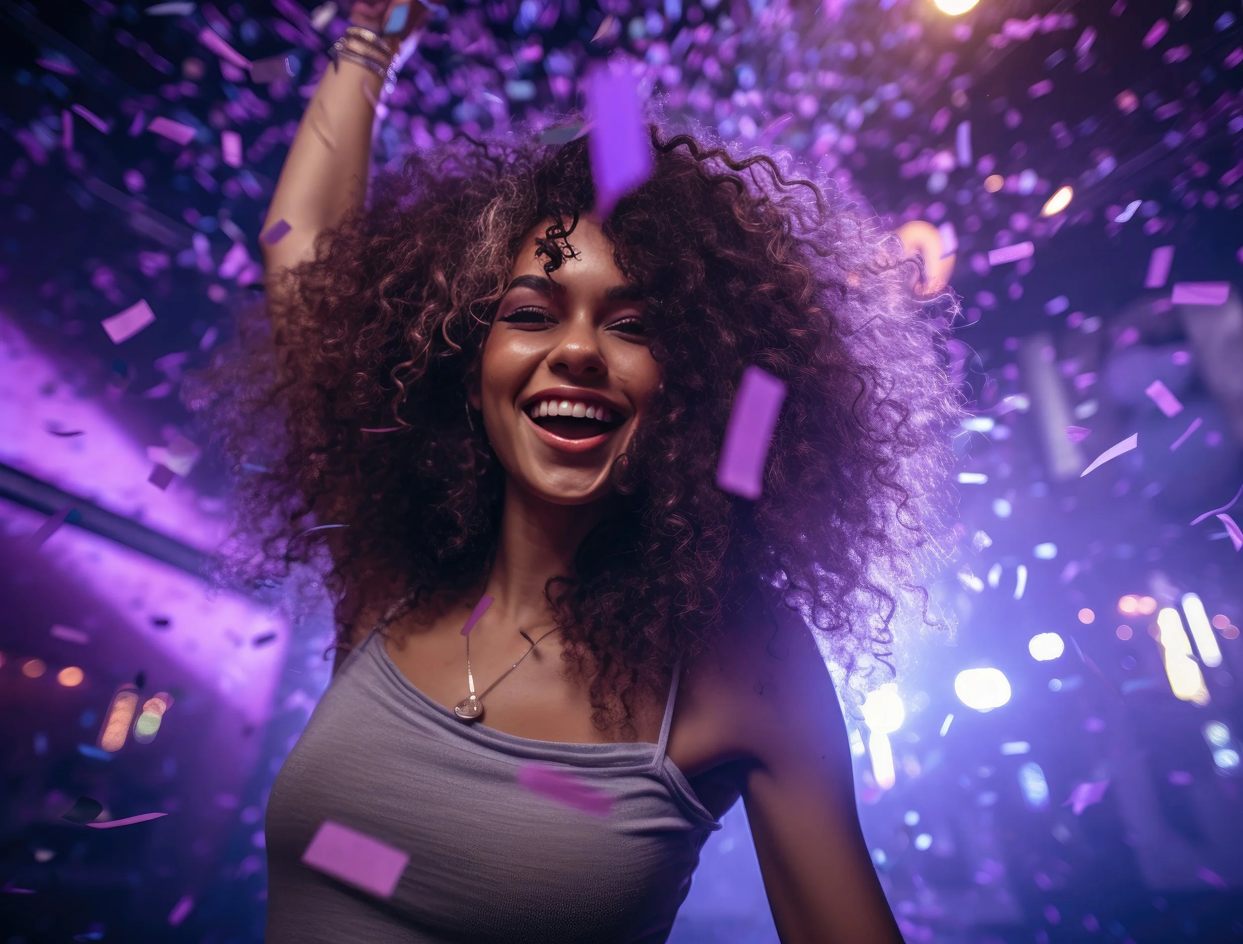 A woman with curly hair and a gray tank top smiling and celebrating with purple and pink confetti falling around her in a party setting.