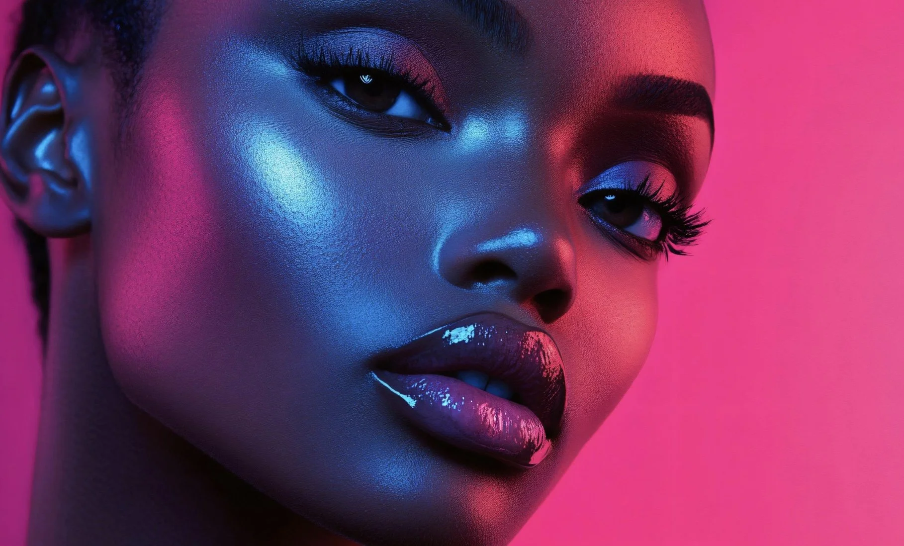 Close-up of a woman's face with vibrant pink and blue lighting, glossy lips, and bold eye makeup.