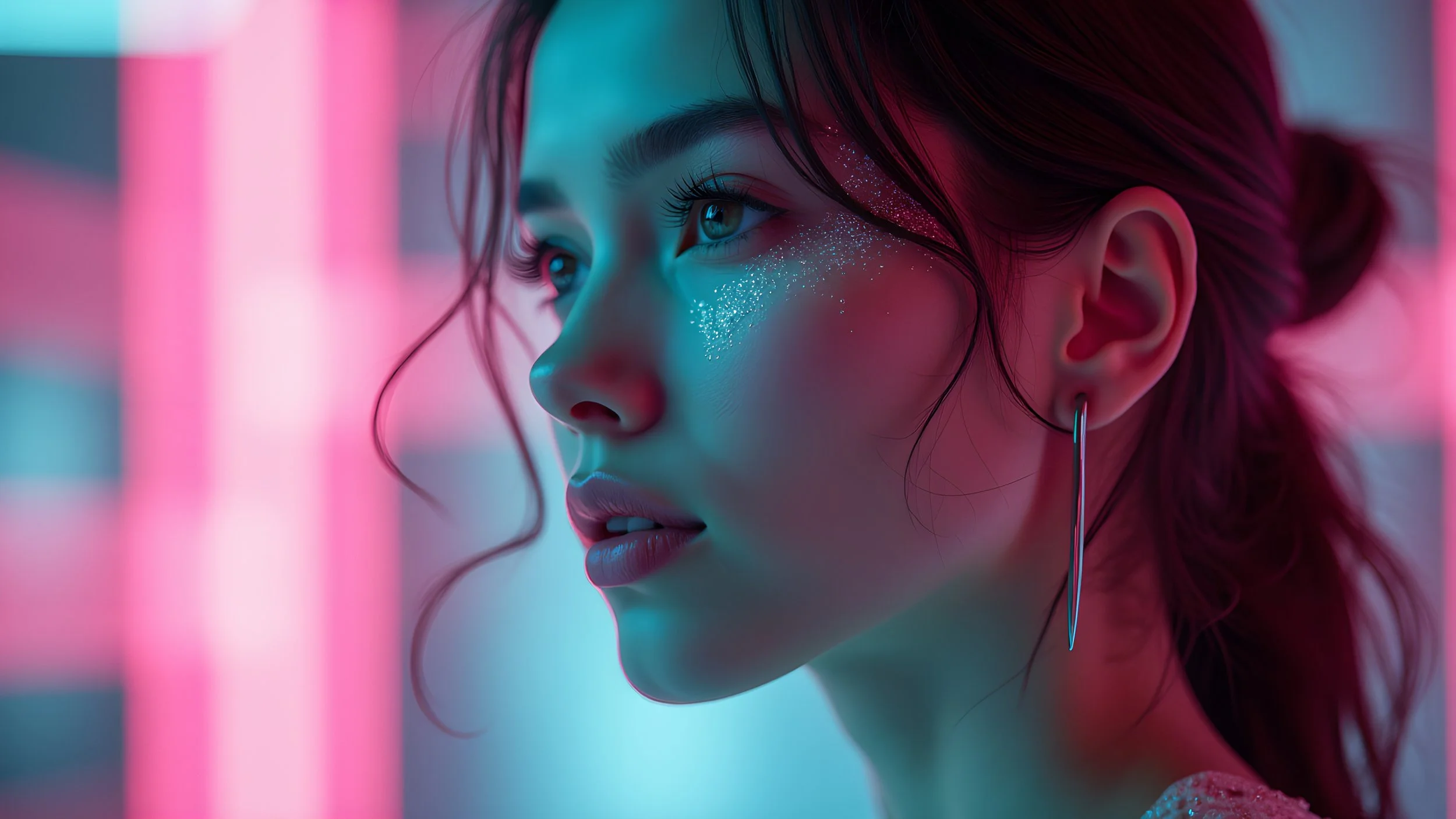 Close-up of a woman with pink and blue neon lighting, makeup with glitter, and an earring, looking sideways.