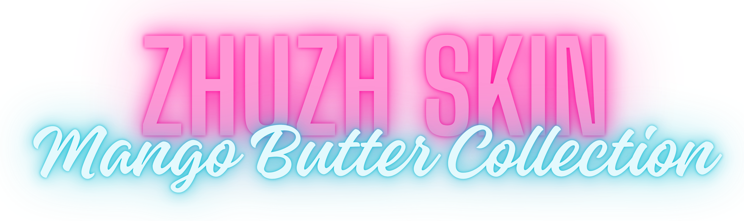 Bright pink and blue neon-style text reads 'ZIHUA SKIN Mango Butter Collection' with a digital, glowing effect.