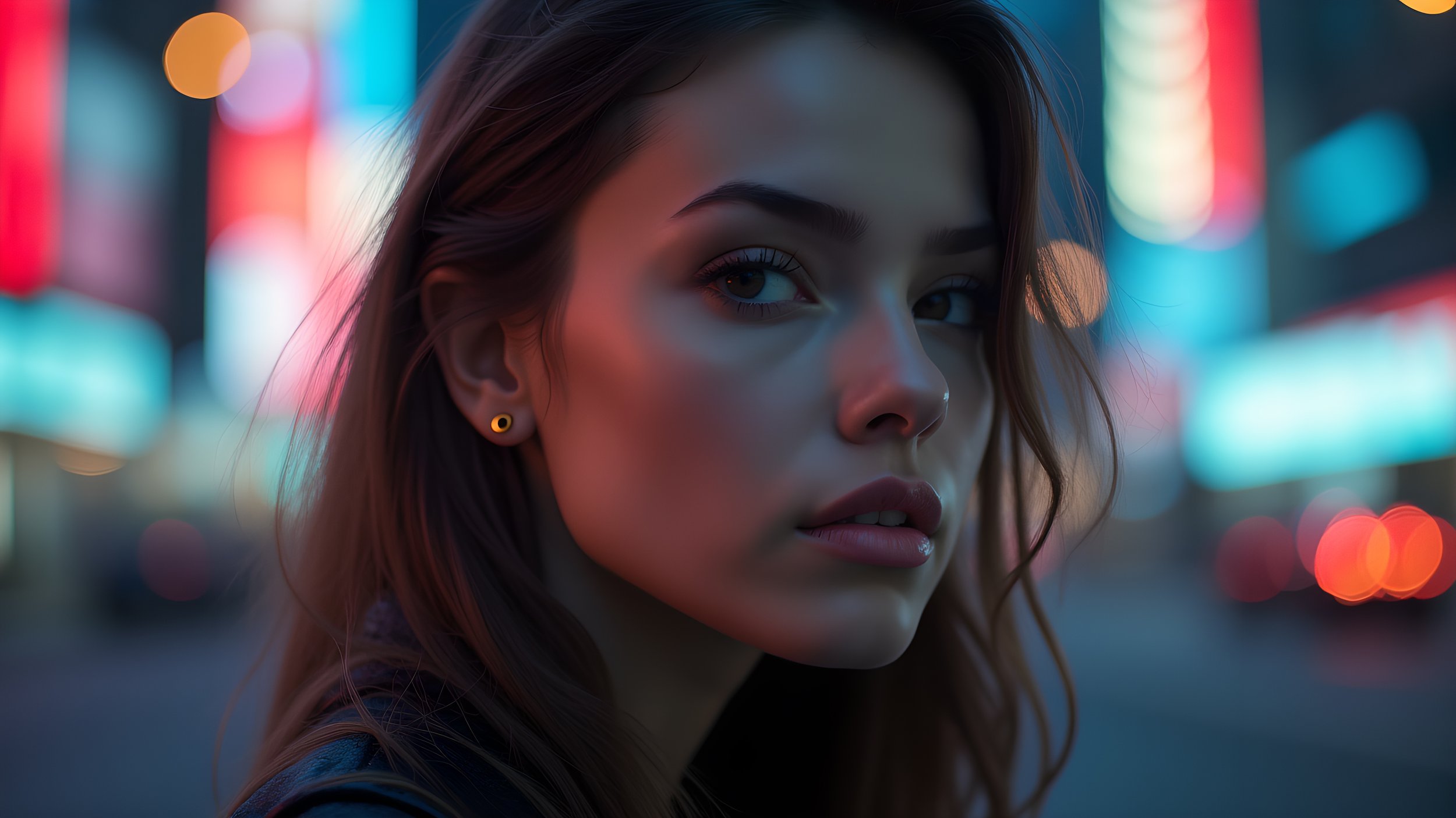 Close-up of a young woman with long hair, earrings, and makeup, looking over her shoulder in a city at night with colorful blurry lights in the background.