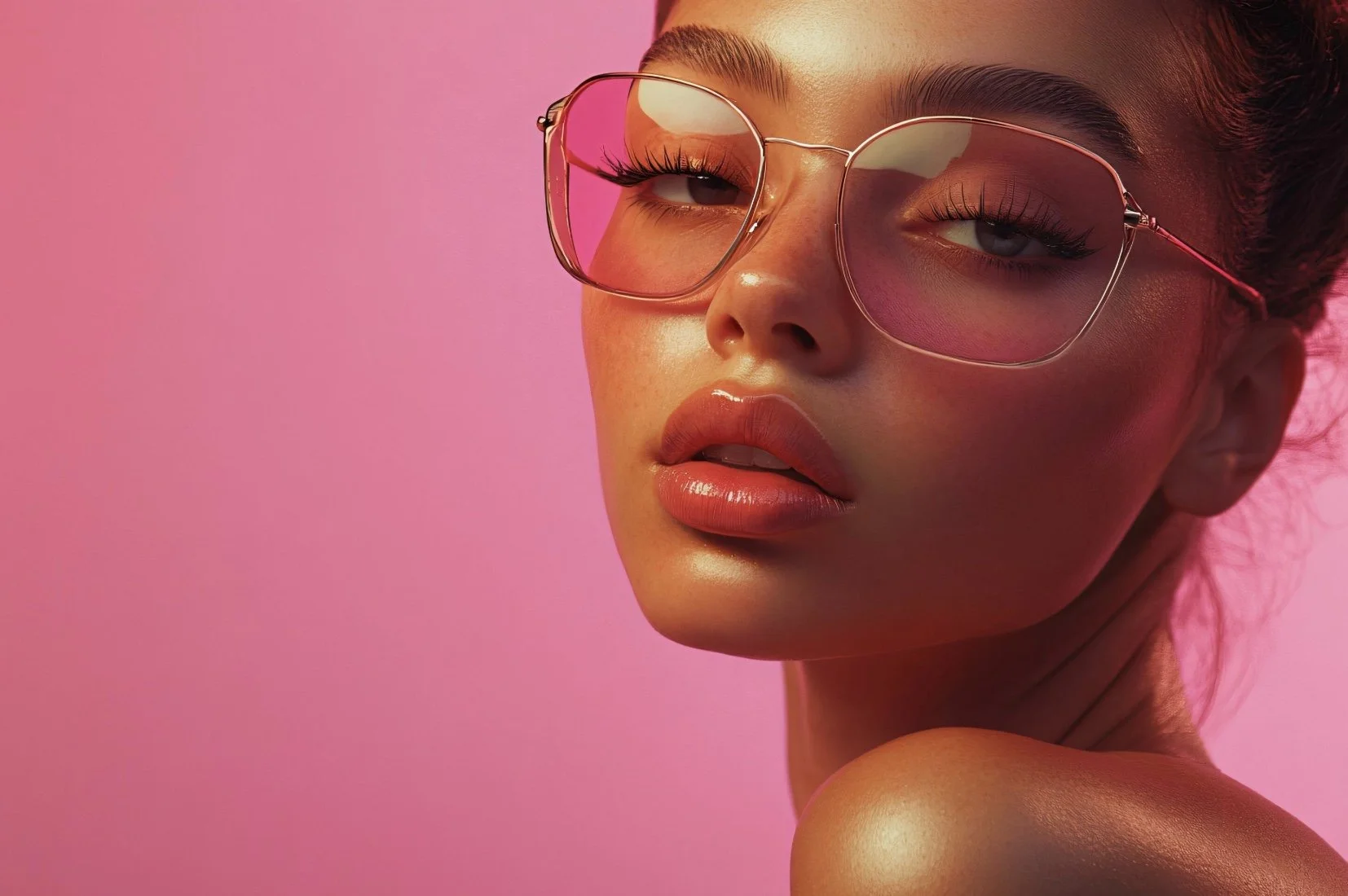 A close-up of a woman with light skin wearing pink-tinted sunglasses and glossy lipstick against a pink background.