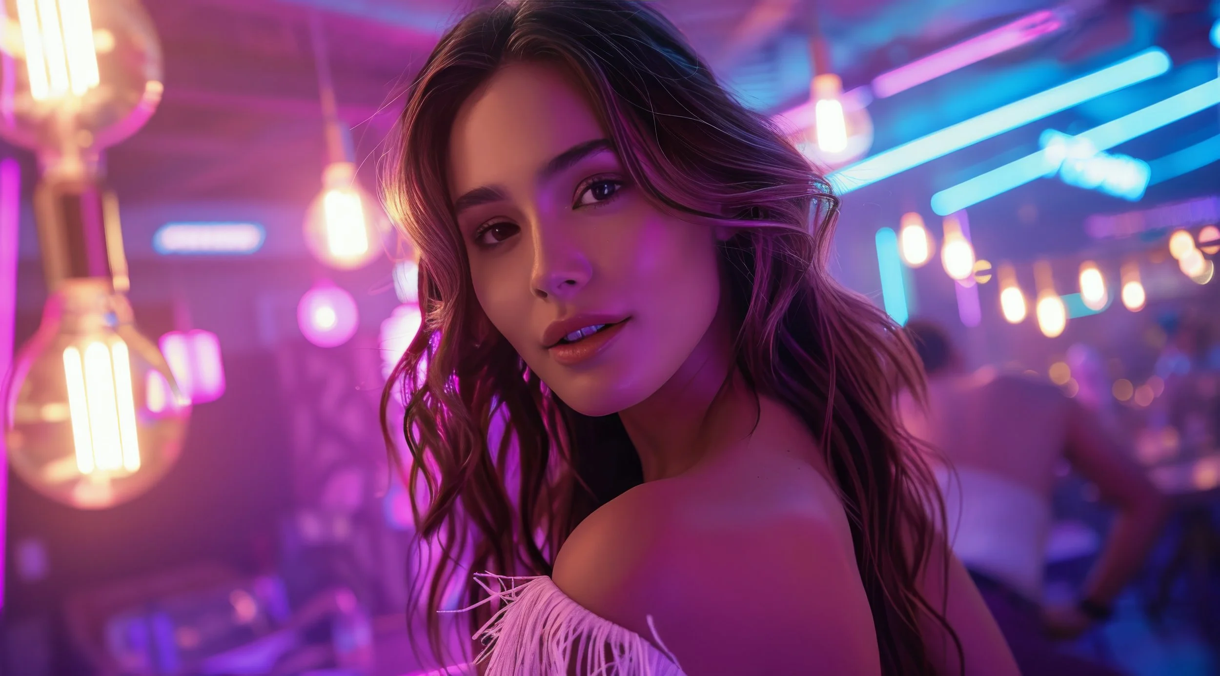 A woman with wavy hair looking at the camera in a neon-lit room with pink and blue lights.
