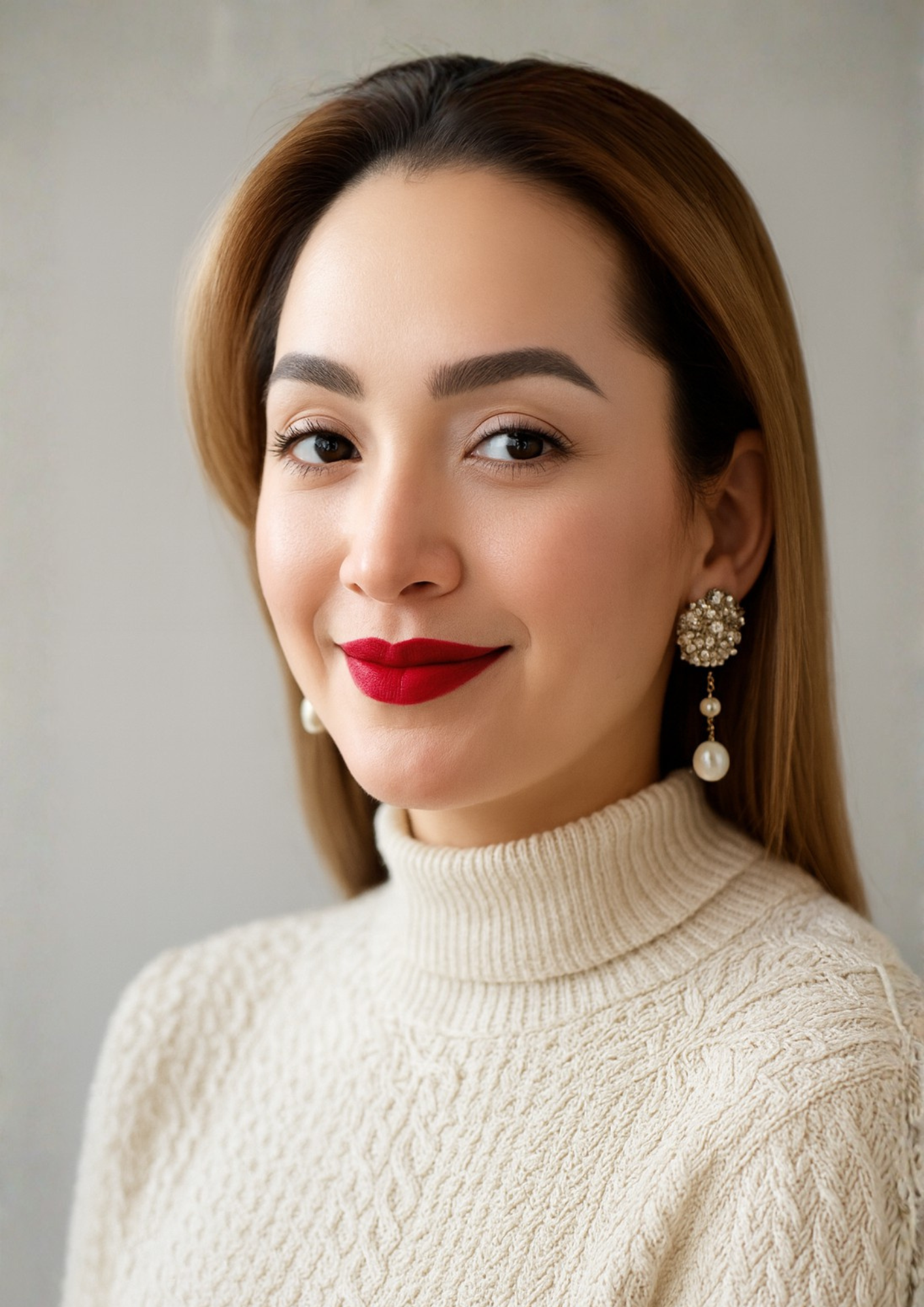 Young woman with light brown hair, red lipstick, and pearl earrings, wearing a beige turtleneck sweater, smiling at the camera.