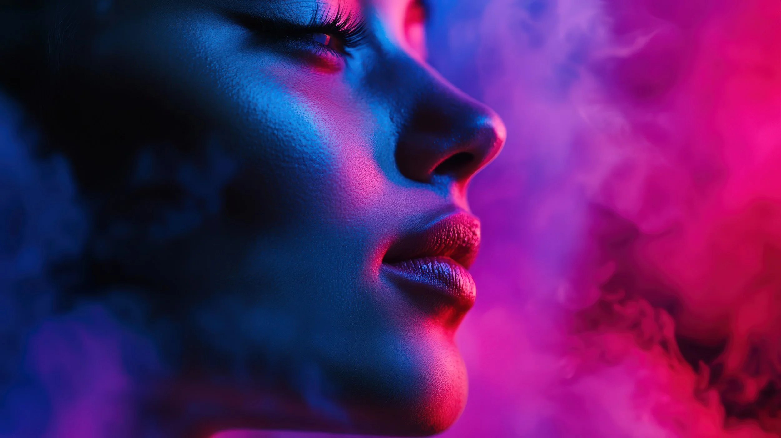 Close-up of a person's face with neon pink and blue lighting, emitting a smoky atmosphere.