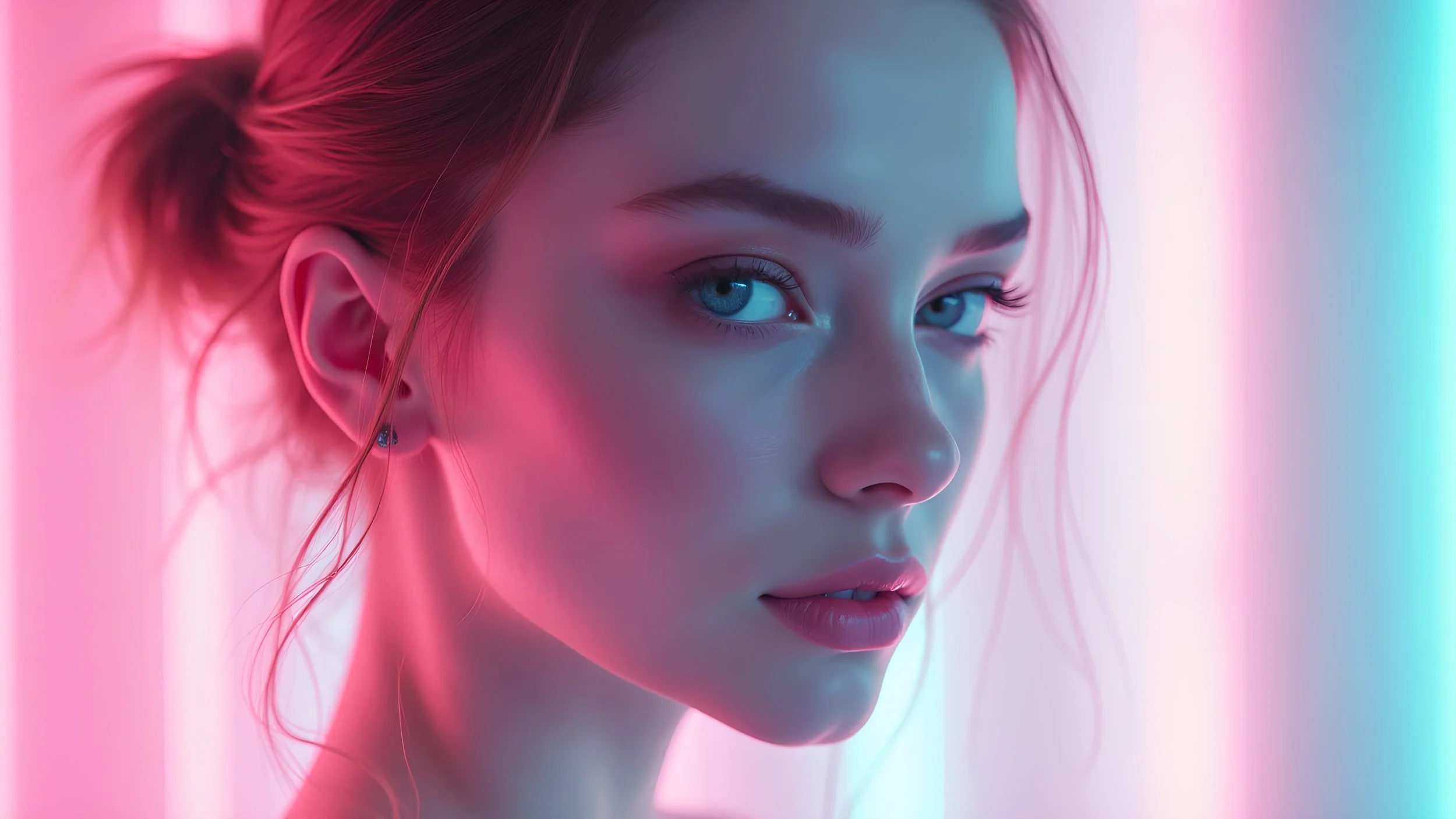Close-up of a young woman with blue eyes, pink hair styled in a loose updo, and soft makeup, illuminated by pink and blue neon lights.