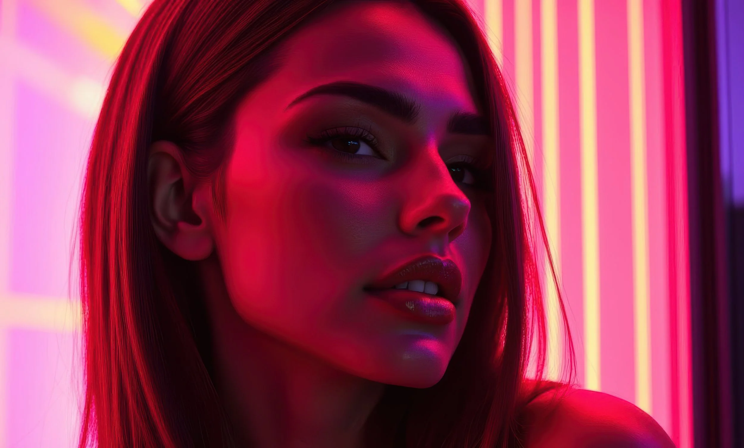 A woman with long hair is illuminated by pink and purple neon lights, creating a colorful and vibrant atmosphere.