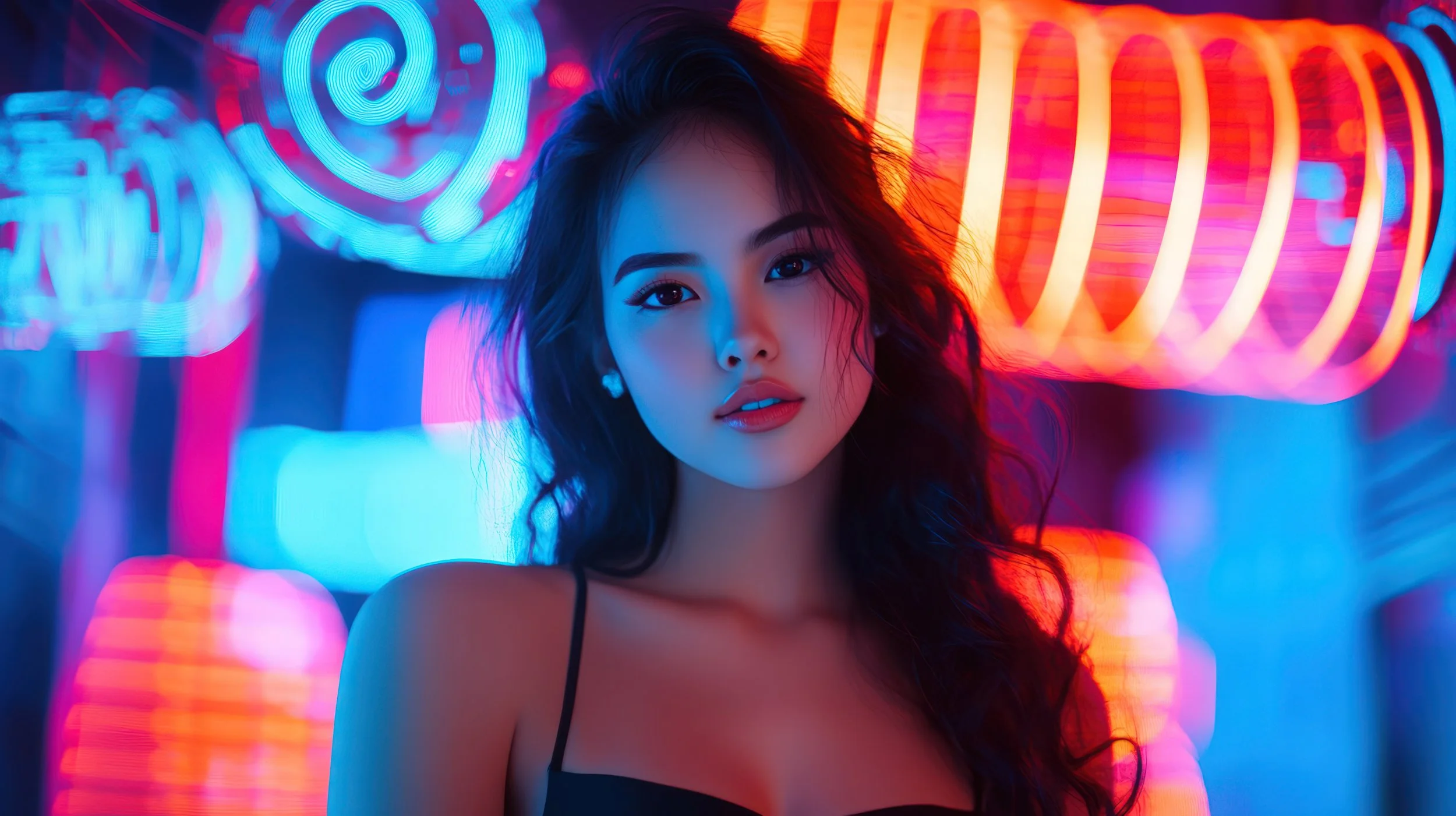 A young woman with long dark hair and makeup, wearing a black spaghetti strap top, stands in front of colorful neon lights in blue, pink, and orange, at night.