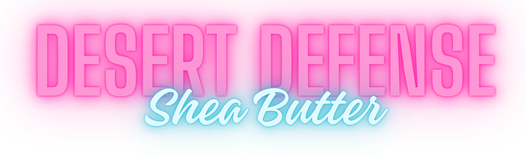 Bright pink and blue promotional graphic for Desert Defense Shea Butter with pink, blue, and purple gradient background and stylized text.