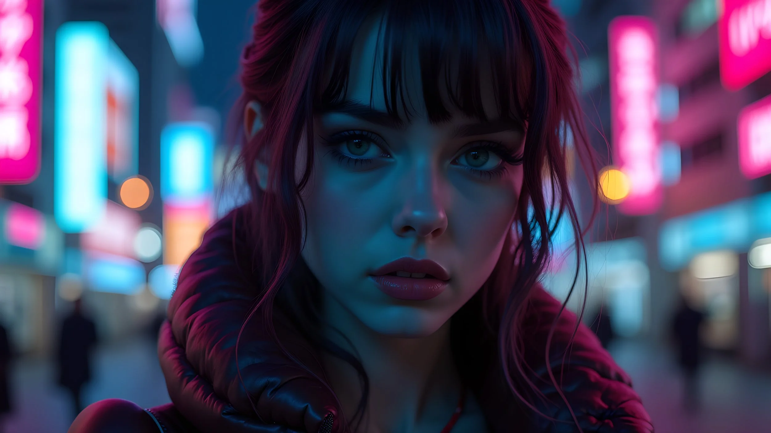 Close-up of a young woman with striking blue eyes, dark hair, and bangs, illuminated by vibrant neon city lights at night.