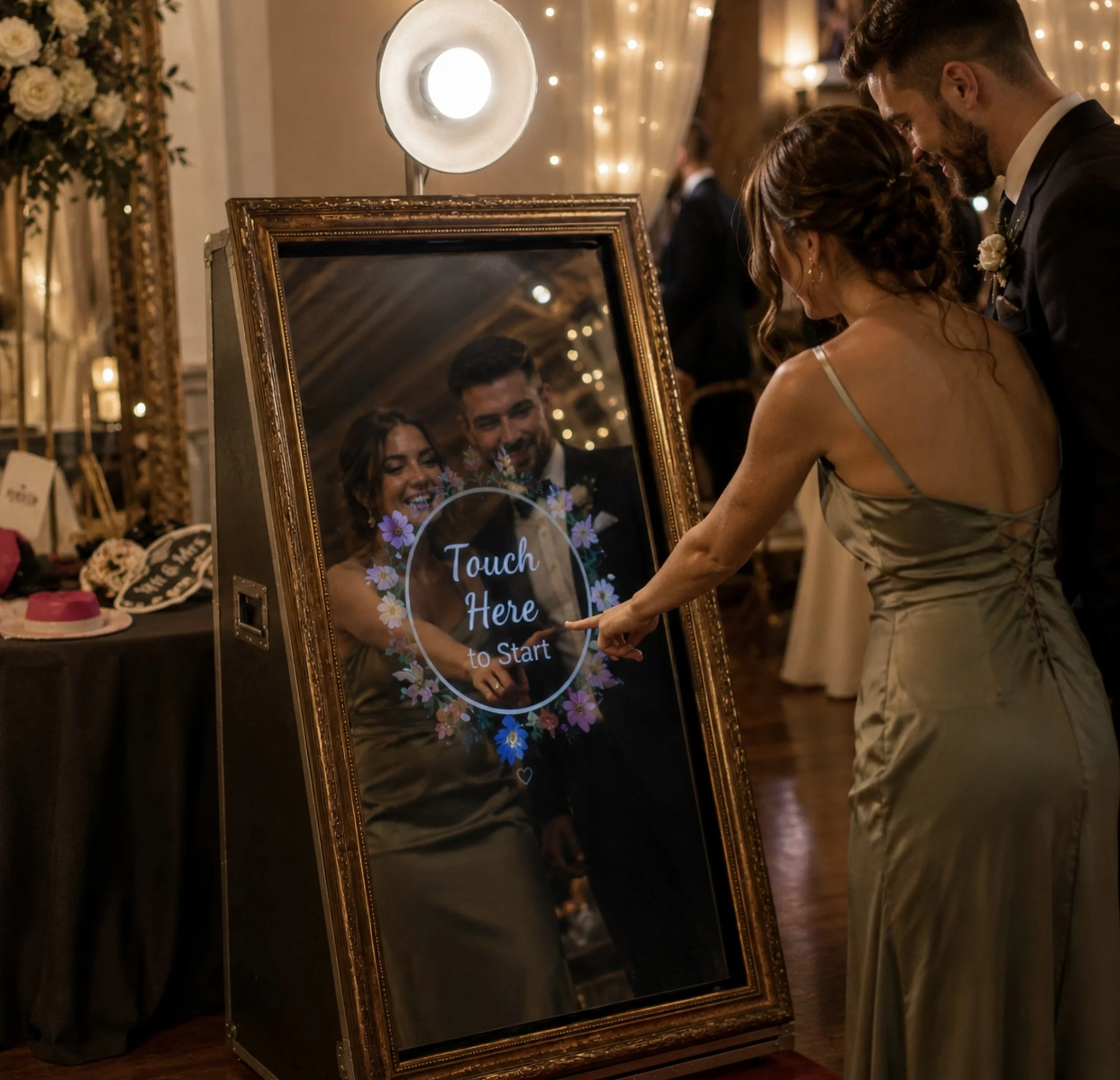 Bride and groom looking into a mirror at their wedding reception, decorated with floral arrangements and warm lighting.