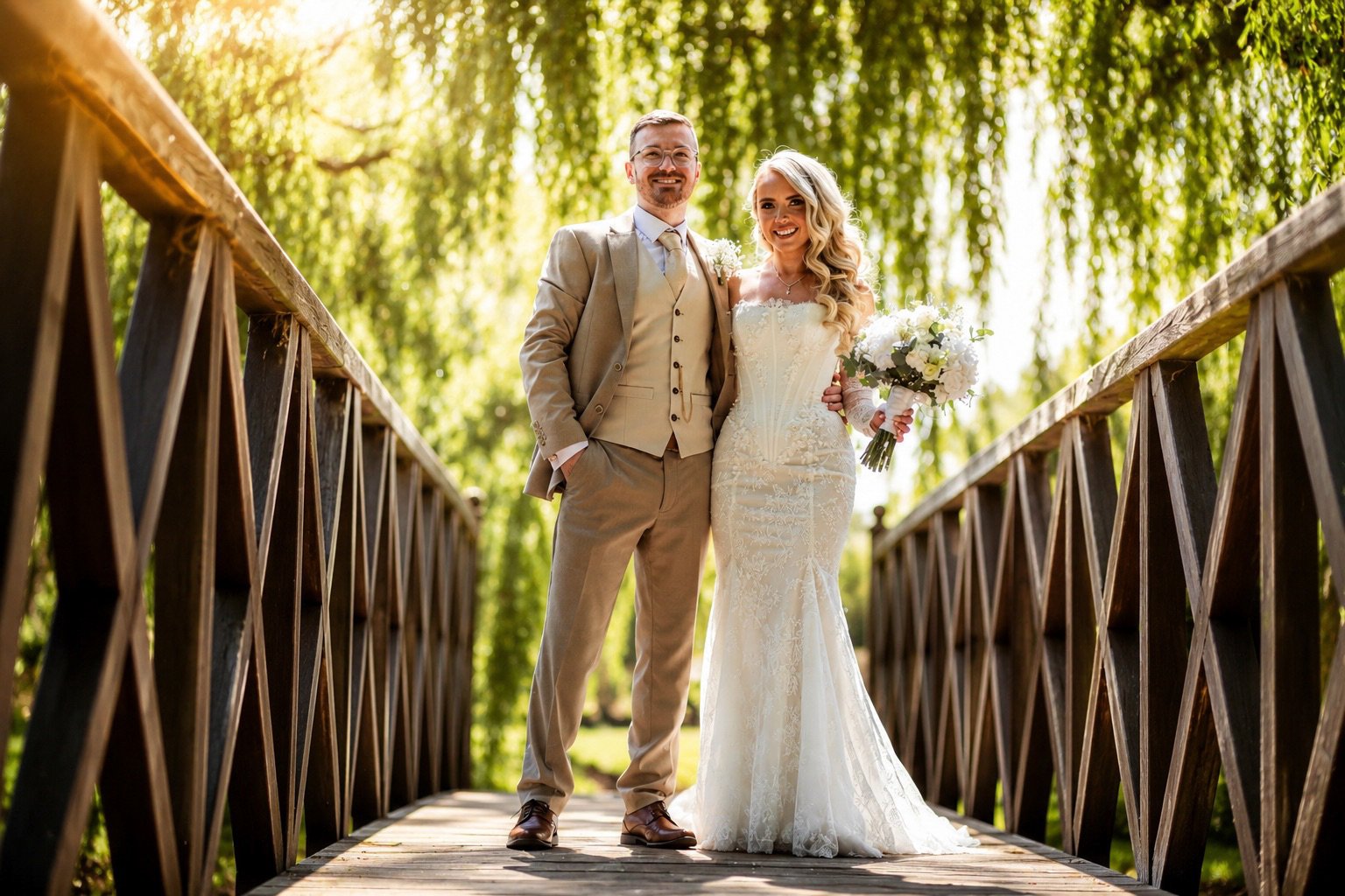 A bride and groom standing on a wooden bridge outdoors during daytime, with lush green trees in the background. The bride is wearing a white lace wedding gown and holding a bouquet, while the groom is dressed in a light-colored suit and smiling.