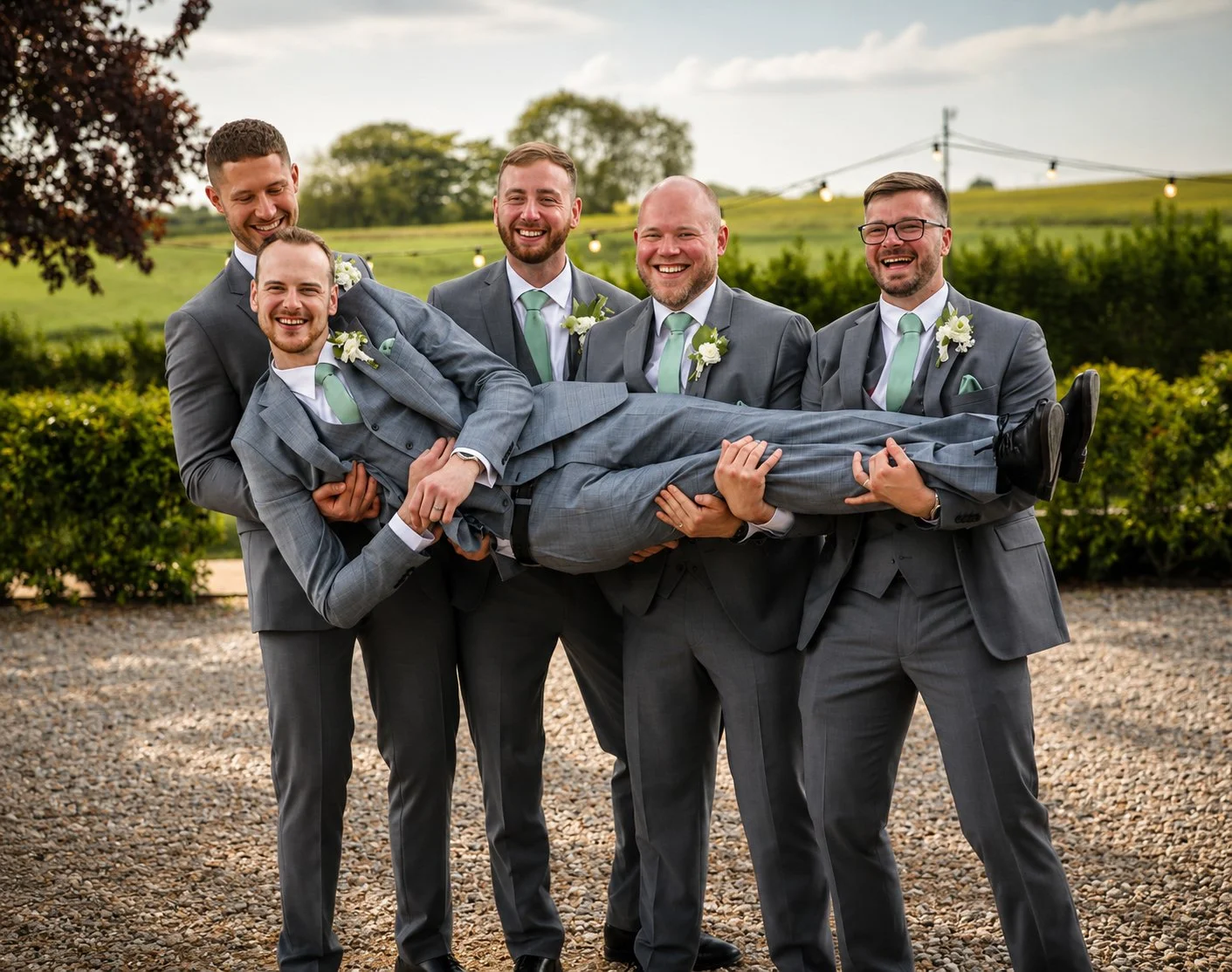 Five men in gray suits are smiling and holding another man in a gray suit horizontally. The man being held is laughing, and the background shows greenery and string lights.