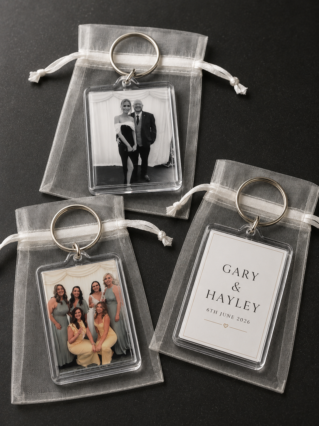 Wedding photo identifiers with names Gary and Hayley, dated June 6, 2026, three photo tags with pictures of groups of women and a couple at a wedding.