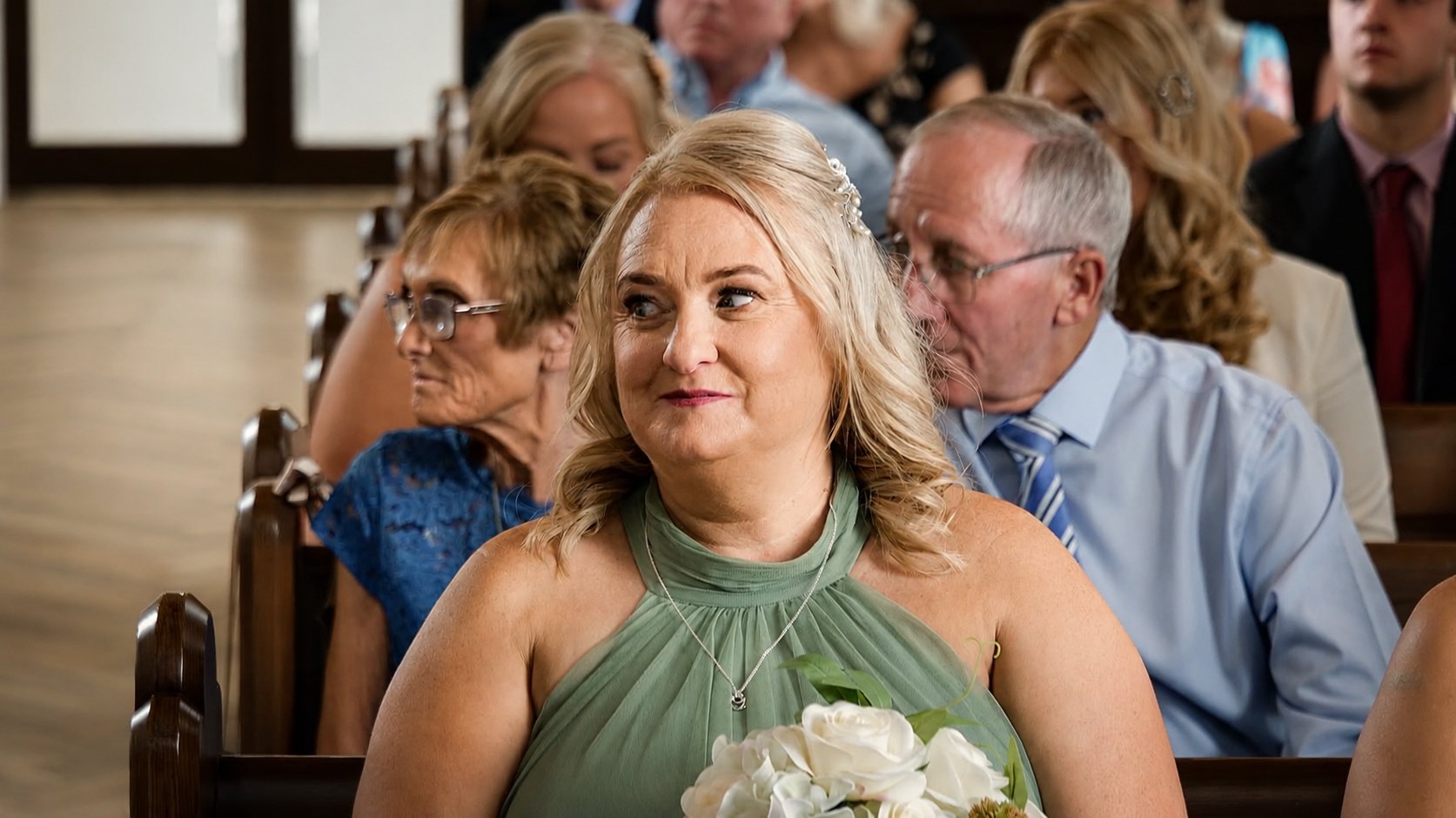 A woman in a light green dress holding a bouquet of white flowers sits in a church or event hall with other people seated behind her, some with glasses, in formal attire.