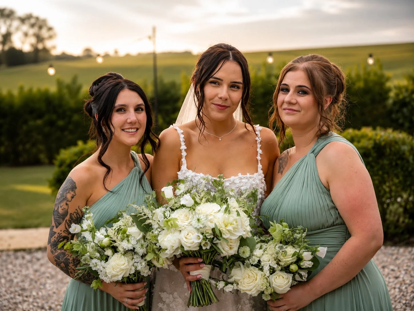A bride with dark brown hair wearing a white wedding dress and a veil stands between two bridesmaids with dark and light brown hair wearing matching sage green dresses, all holding white flower bouquets outdoors during sunset.