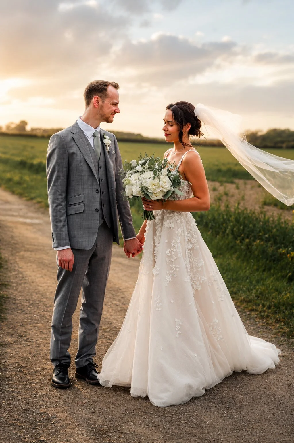 A bride and groom standing on a rural dirt road holding hands, facing each other with smiles, during sunset in an open field. The bride wears a white lace wedding dress and veil, holding a bouquet, while the groom wears a gray checkered suit.