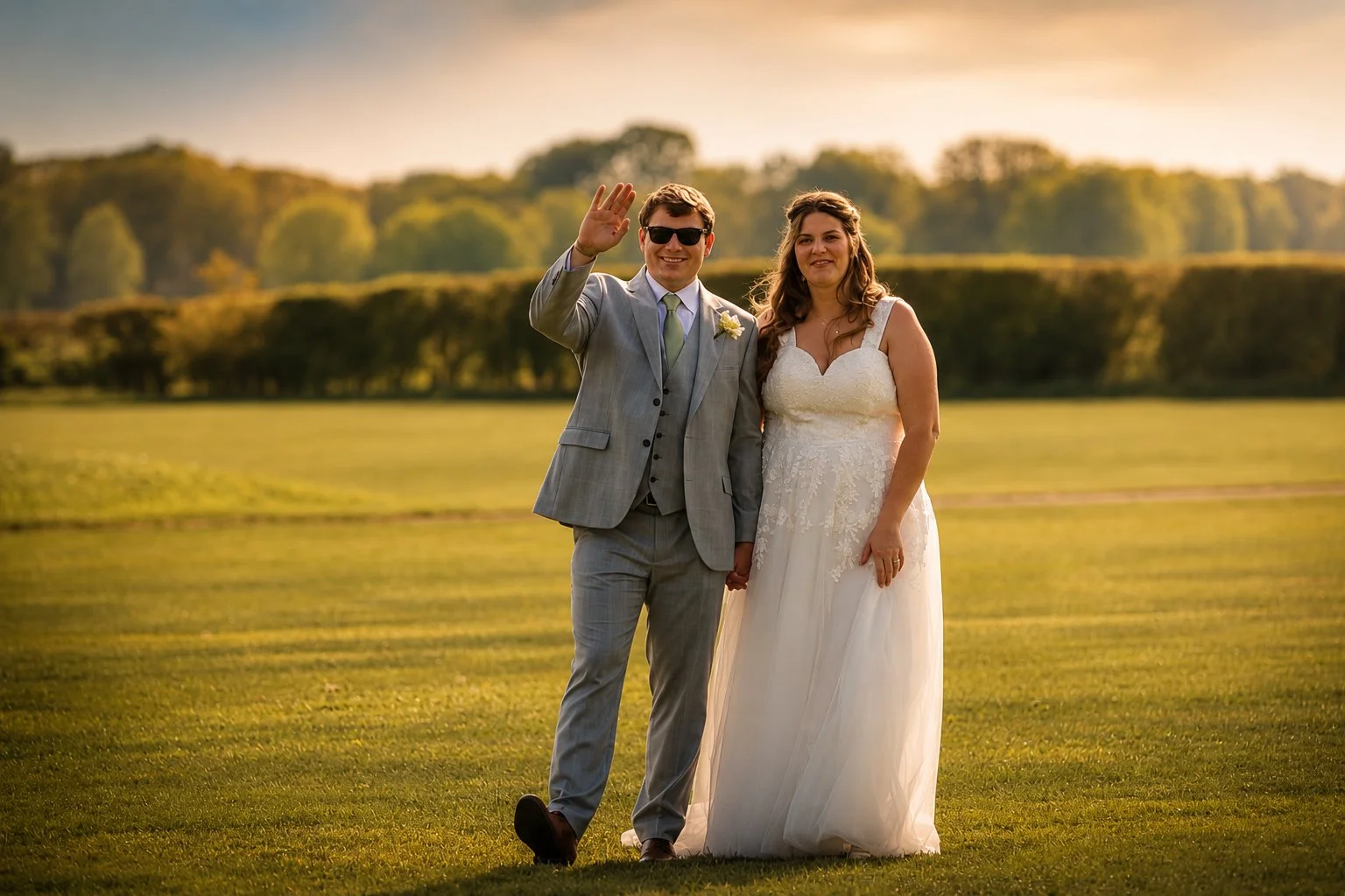 A bride and groom standing on a grassy field during sunset, holding hands and smiling, with the groom waving.