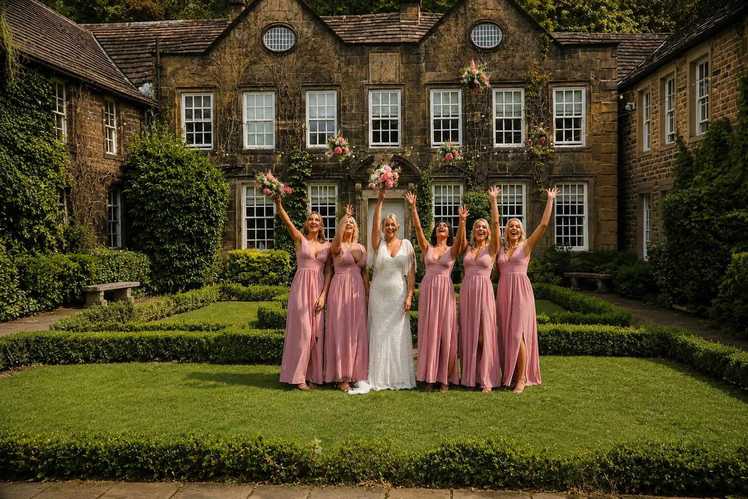 Group of six women, with one bride in a white wedding dress and five bridesmaids in pink dresses, celebrating and throwing pink flowers into the air in a garden in front of a large stone house during daytime.