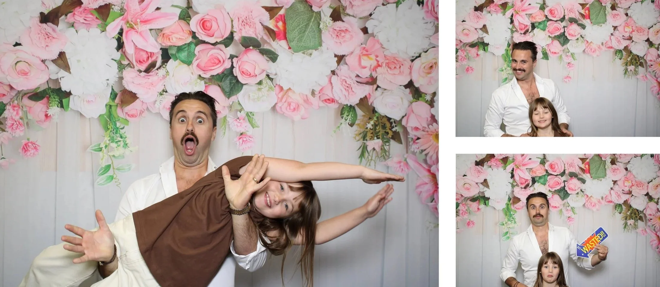 A man and a girl posing in front of a pink flower wall, with the man making funny faces and the girl smiling. Additional images show close-up and different expressions of the same people.
