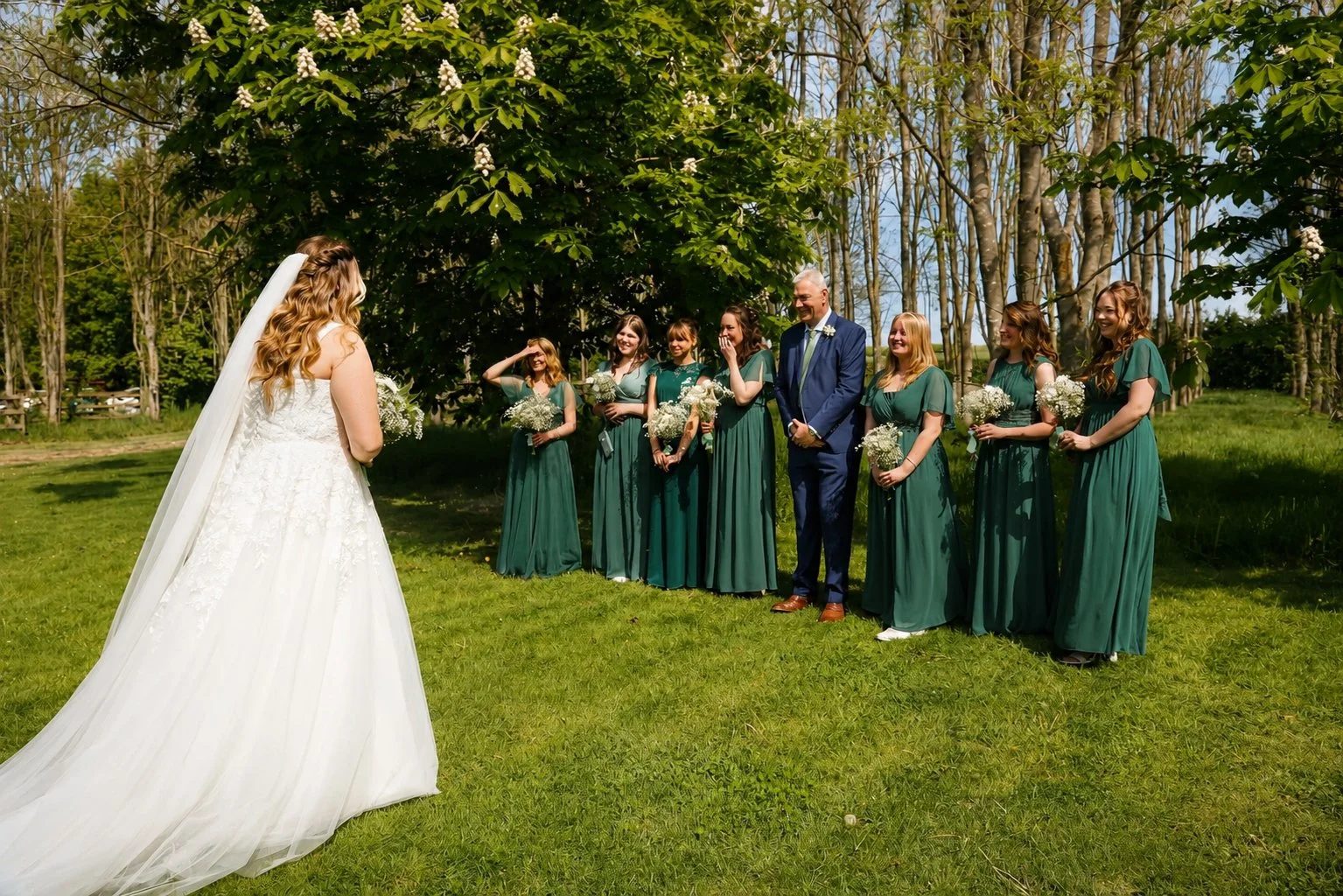 Bride in a white wedding dress and veil facing a group of seven bridesmaids in green dresses and a groom in a blue suit, outdoors under a tree, with a grassy area and trees in the background.