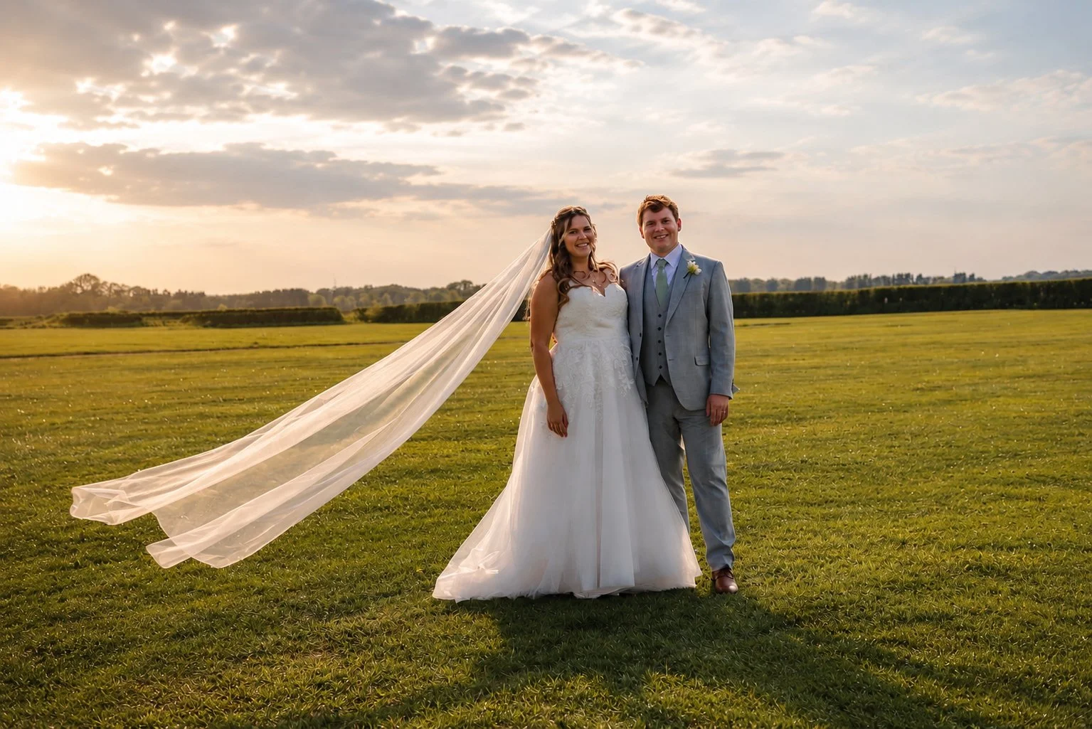 A bride in a white wedding gown and a groom in a gray suit standing together in an open grassy field during sunset, with a flowing veil and a partly cloudy sky in the background.