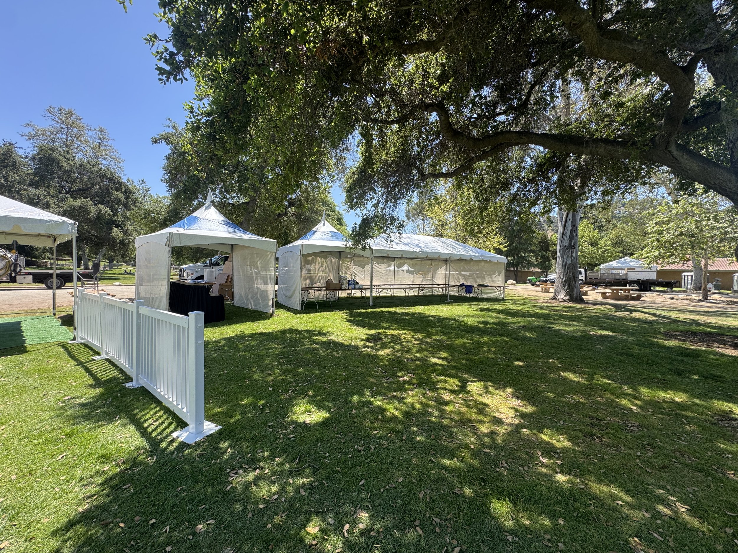 Outdoor event setup with white tents on a grassy area, surrounded by trees and fence, under a clear blue sky.