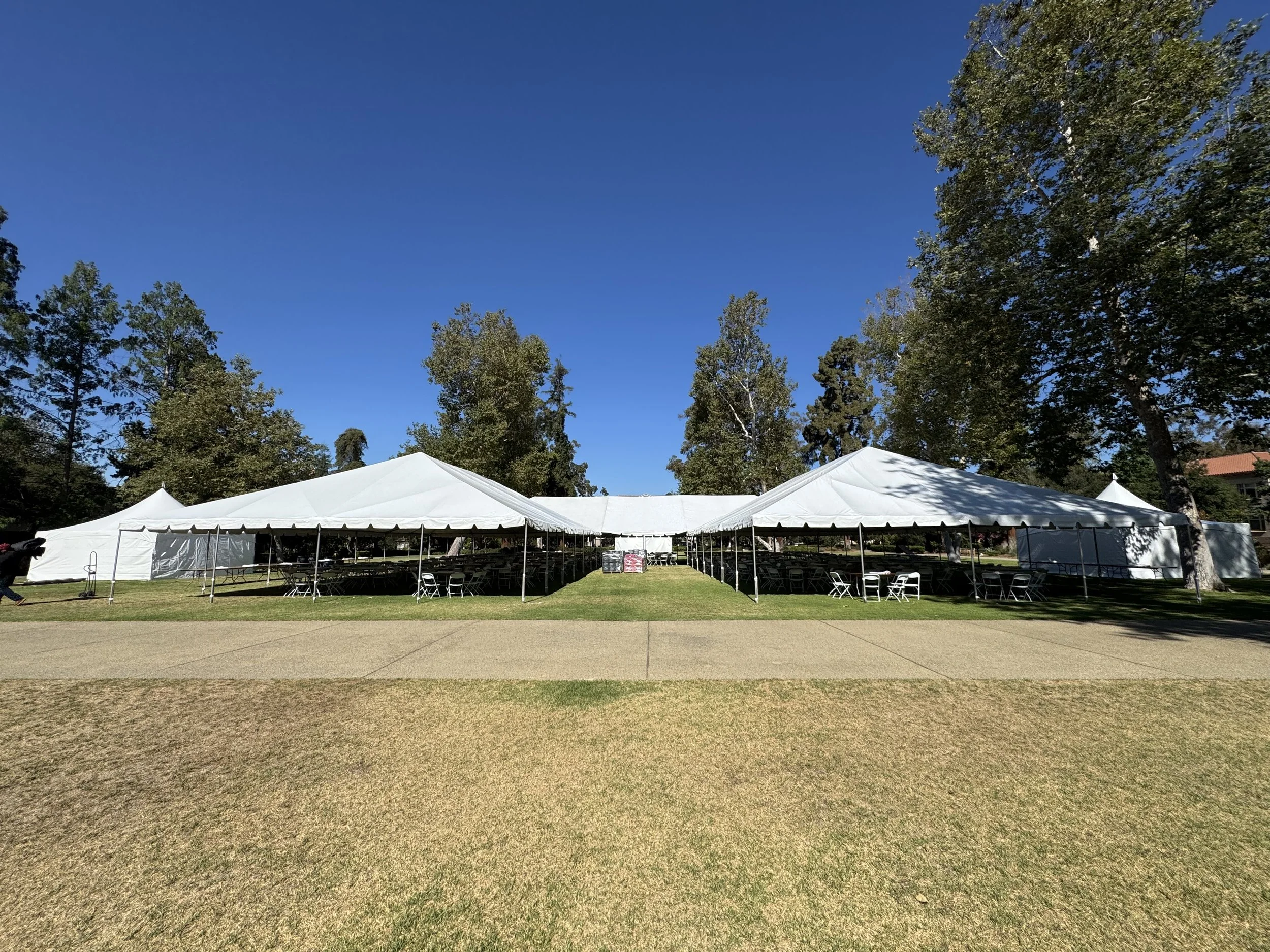 Two large white event tents set up on a grassy area with chairs underneath, surrounded by trees, under a clear blue sky.