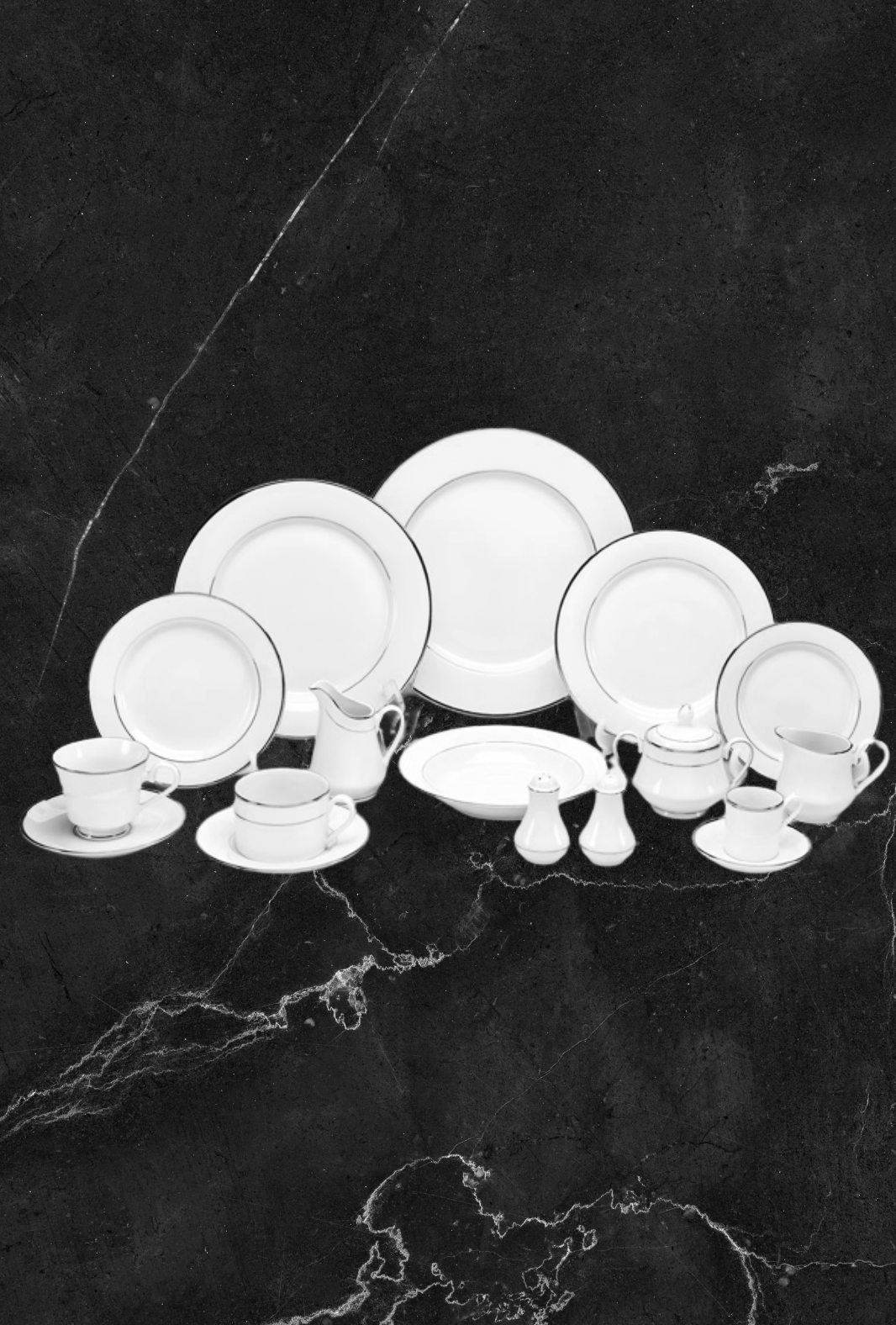 DAZZLING WHITE RIMMED PORCELAIN DINNERWARE W/TWO PLATINUM ACCENT BANDS